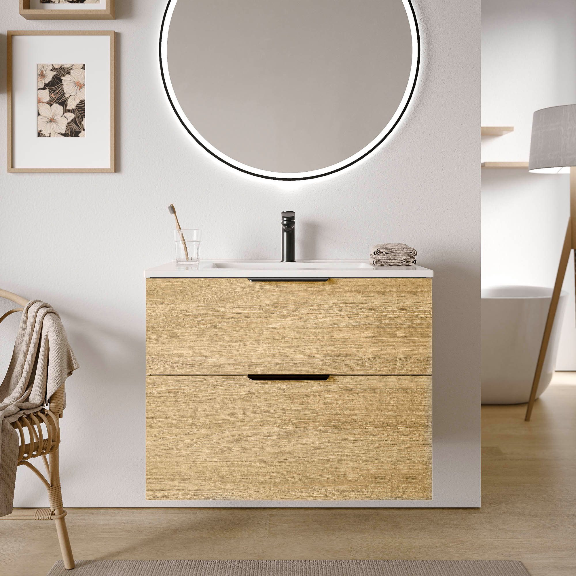 Bernstein Waschtisch-Set TIM 80, (Waschtisch-Set, 2-St., Waschtischunterschrank; Waschbecken), Waschbecken; Mit 1 Hahnloch; Mit Überlauf; Soft-Close