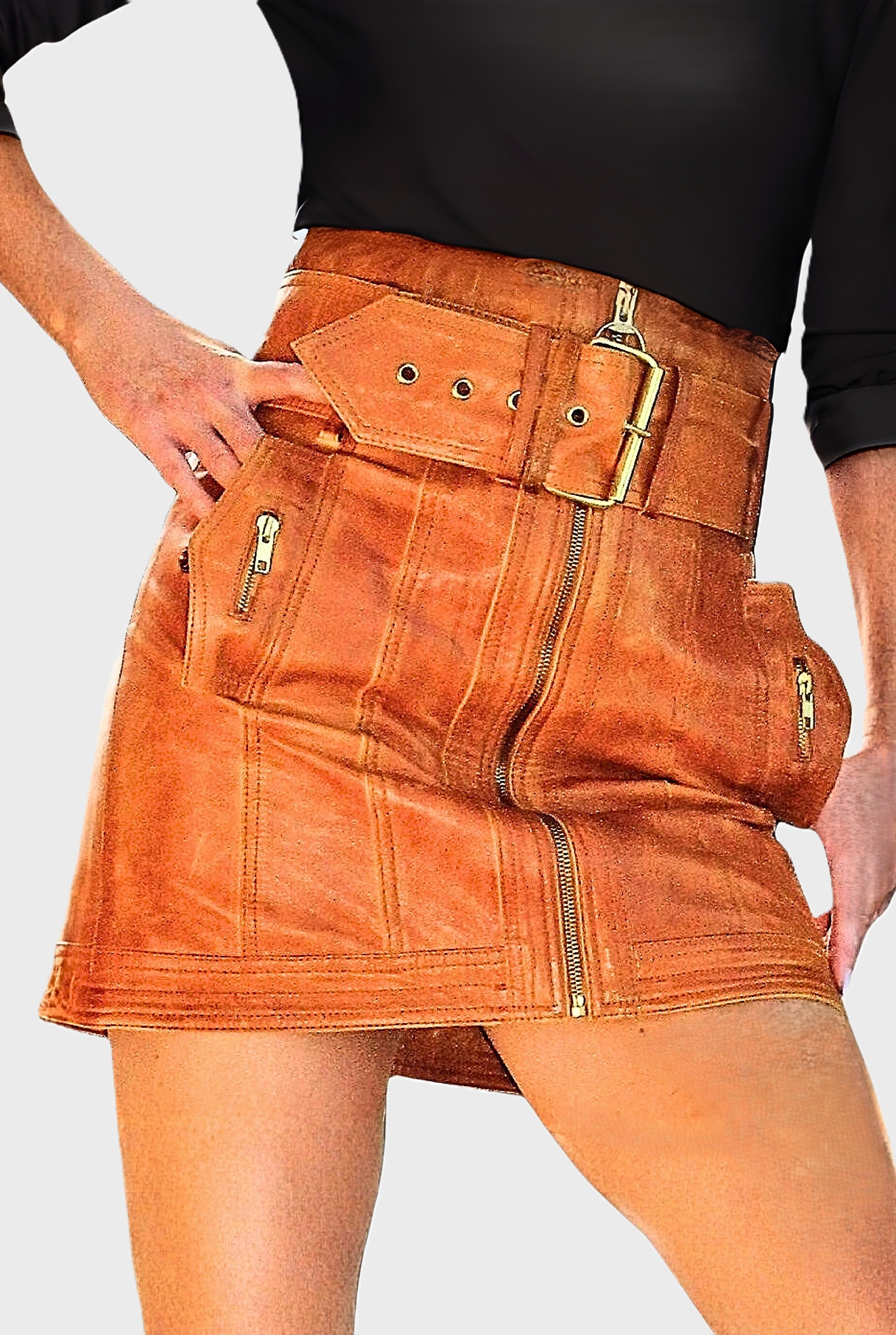 Be Noble Lederrock Charlotte A Style Rock mit Reißverschlüssen und breitem Gürtel
