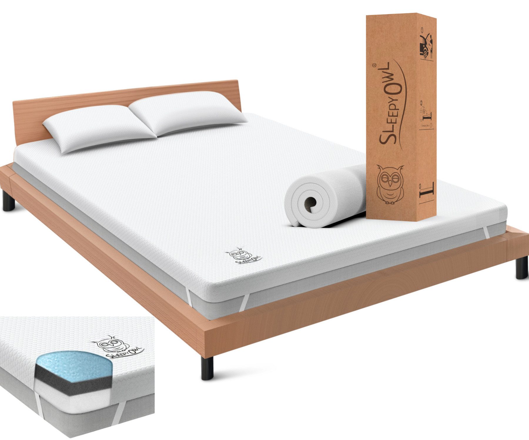 Sleepy Owl, Topper Gel-Memory Matratzentopper, 5-7-10 cm hoch, H2/H3 mit Komfortschicht, (orthopädischer Topper, 90x200x5 cm), Gel-Memory-Schaum, Atmungsaktiv, Abnehmbar & Waschbar, Rutschfest