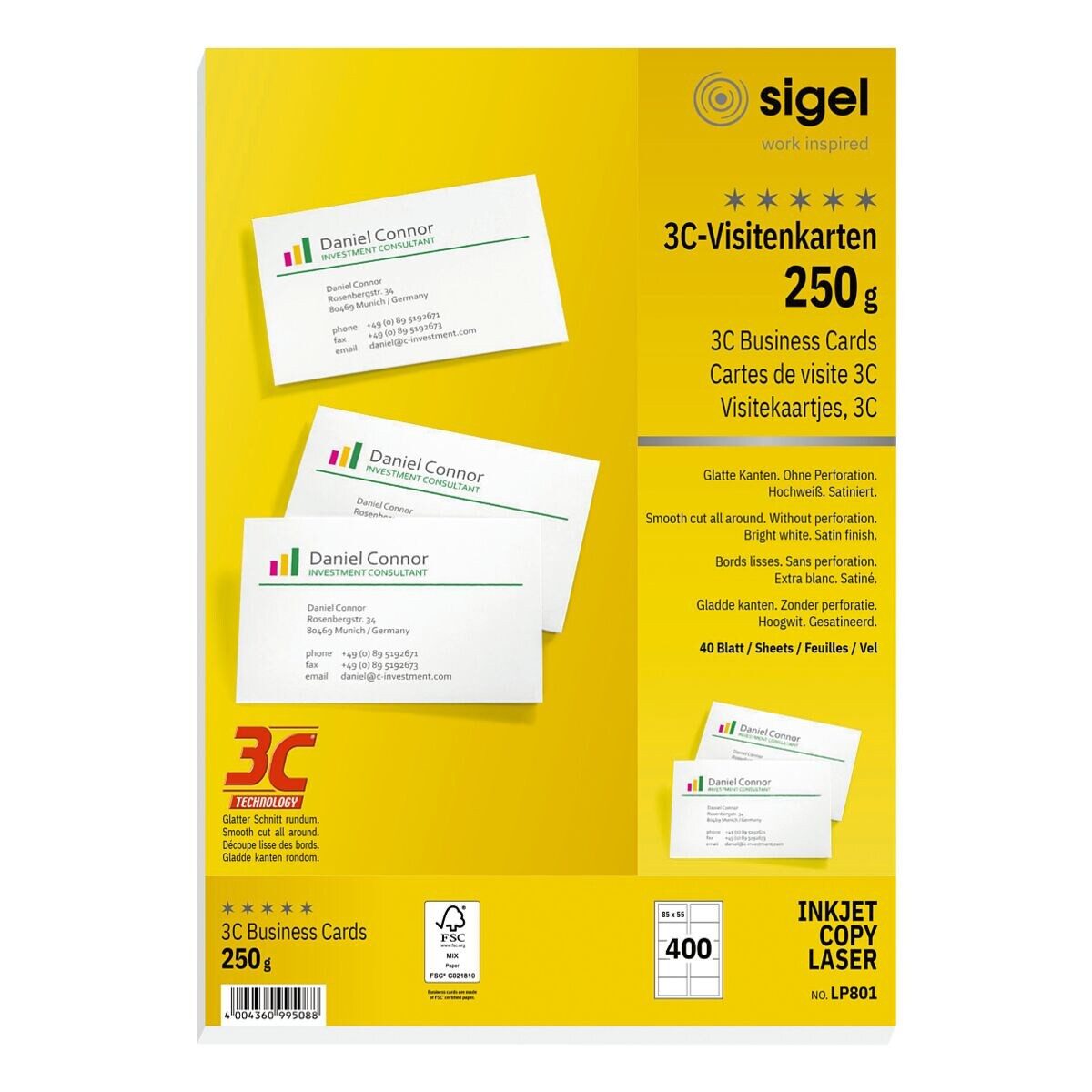 Sigel Visitenkarten LP801, Edelkarton hochweiß, ohne Perforation, 250 g/m²