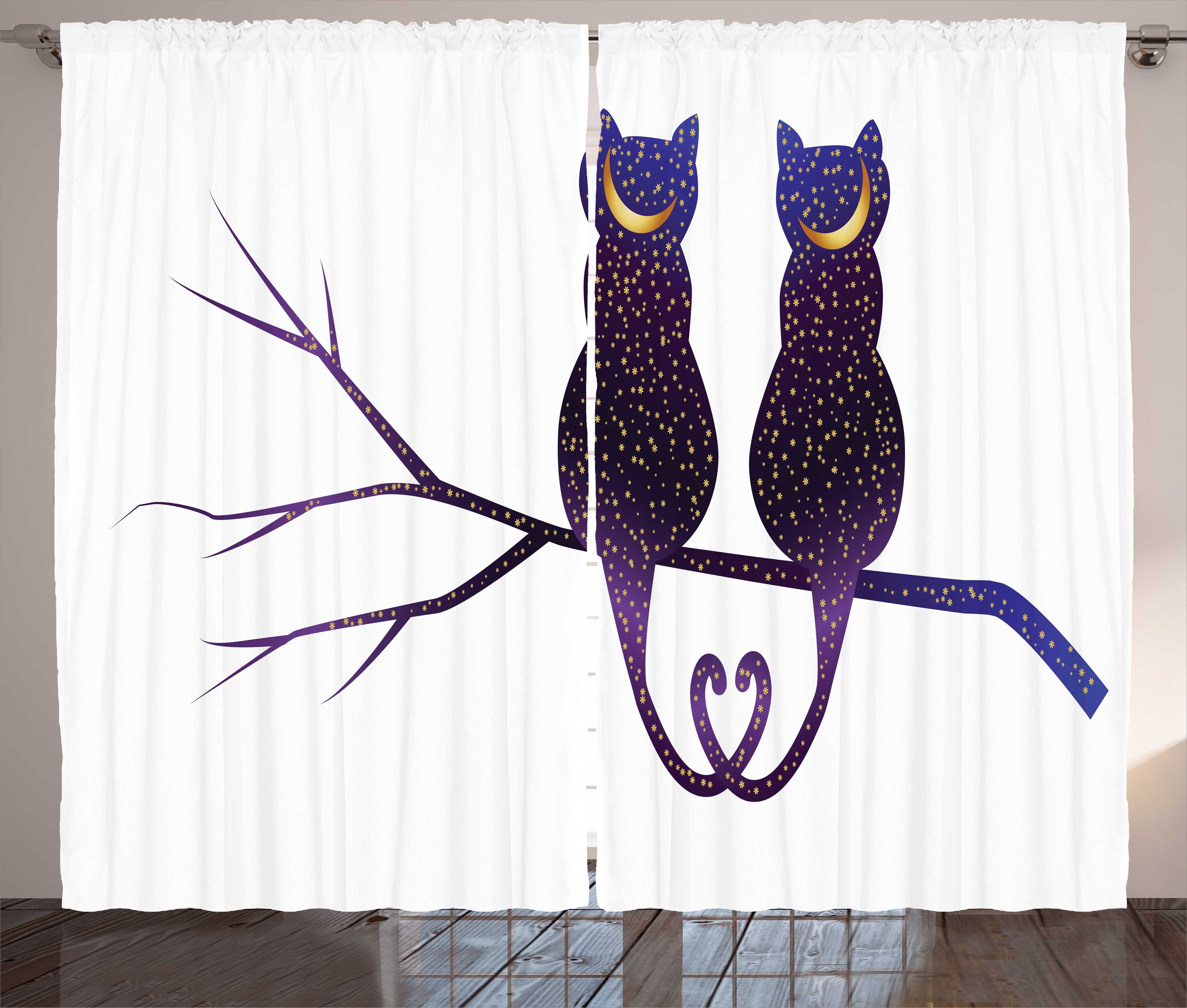 Gardine Schlafzimmer Kräuselband Abgebildet und mit Nacht als Mond-Strahlen Katzen Schlaufen Abakuhaus, Haken, Vorhang