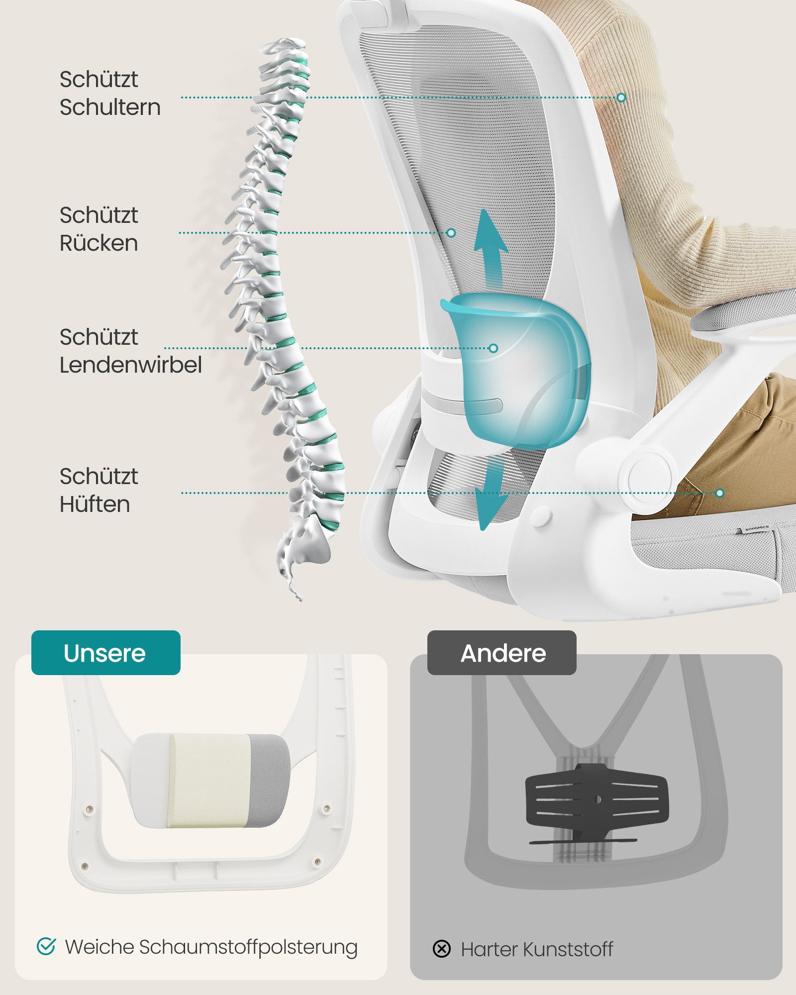 SONGMICS Bürostuhl ergonomischer Drehstuhl mit Mesh, Lendenstütze, Wippfunktion, mit Kopfstütze, 53 cm breite Sitzfläche und klappbaren Armlehnen – Bild 4 von 5