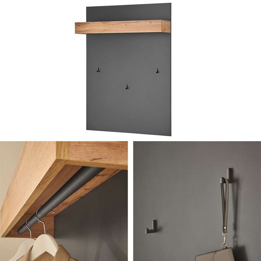 Lomadox Garderoben-Set CRISP-61, (Spar-Set, 5-St., Garderobenpaneel Schuhbank Garderobenschrank Spiegel Kommode), in anthrazit mit Wotan Eiche Nb., griffloses öffnen