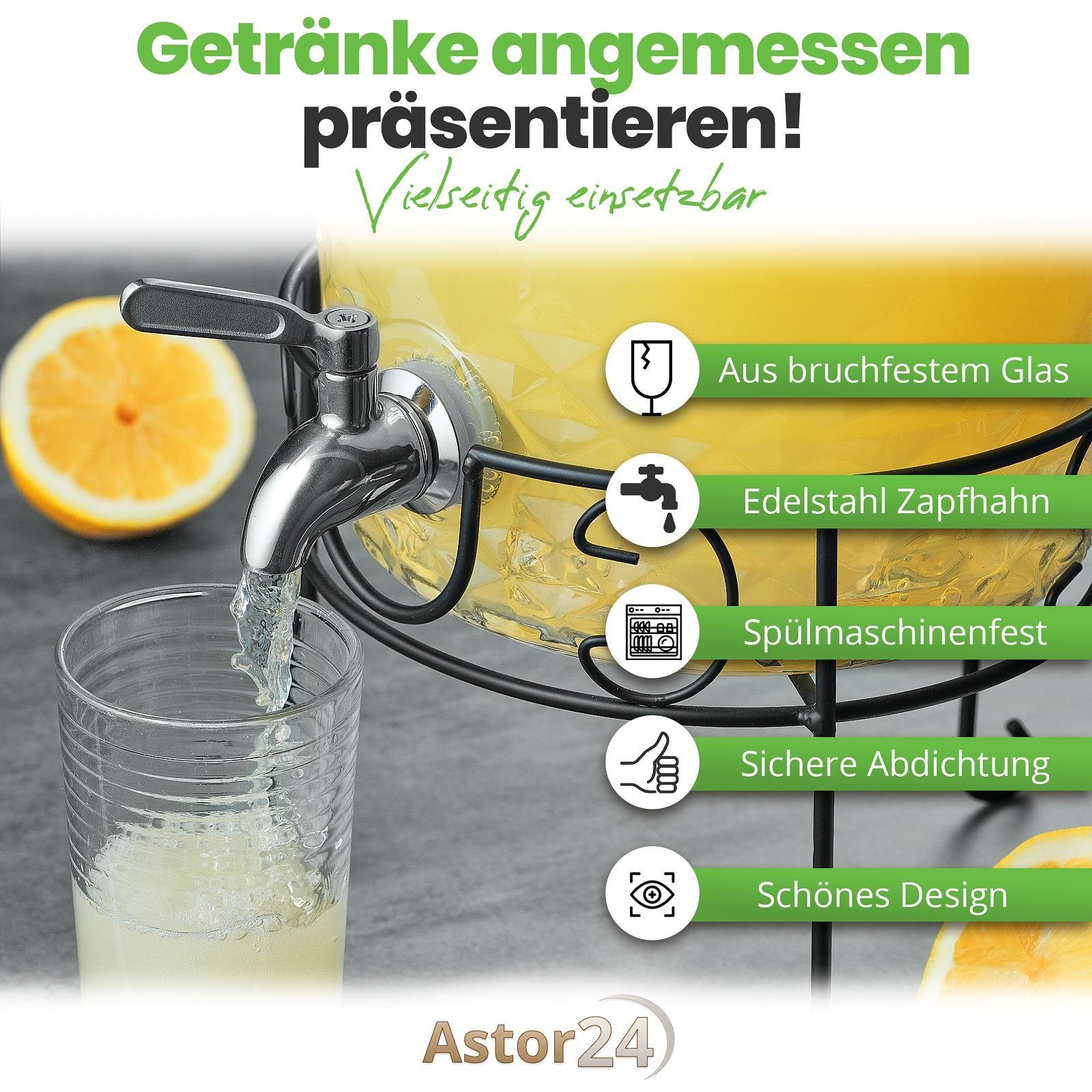 astor24 Getränkespender Getränkespender 8 L mit Zapfhahn + Ständer aus Glas Wasserspender, 8 Liter