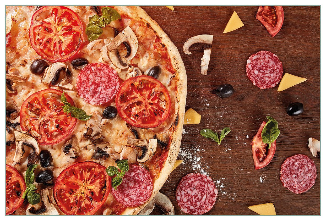 Oliven Küchenrückwand mit Wallario Salami, und (1-tlg) Pilzen, Pizza Tomaten,