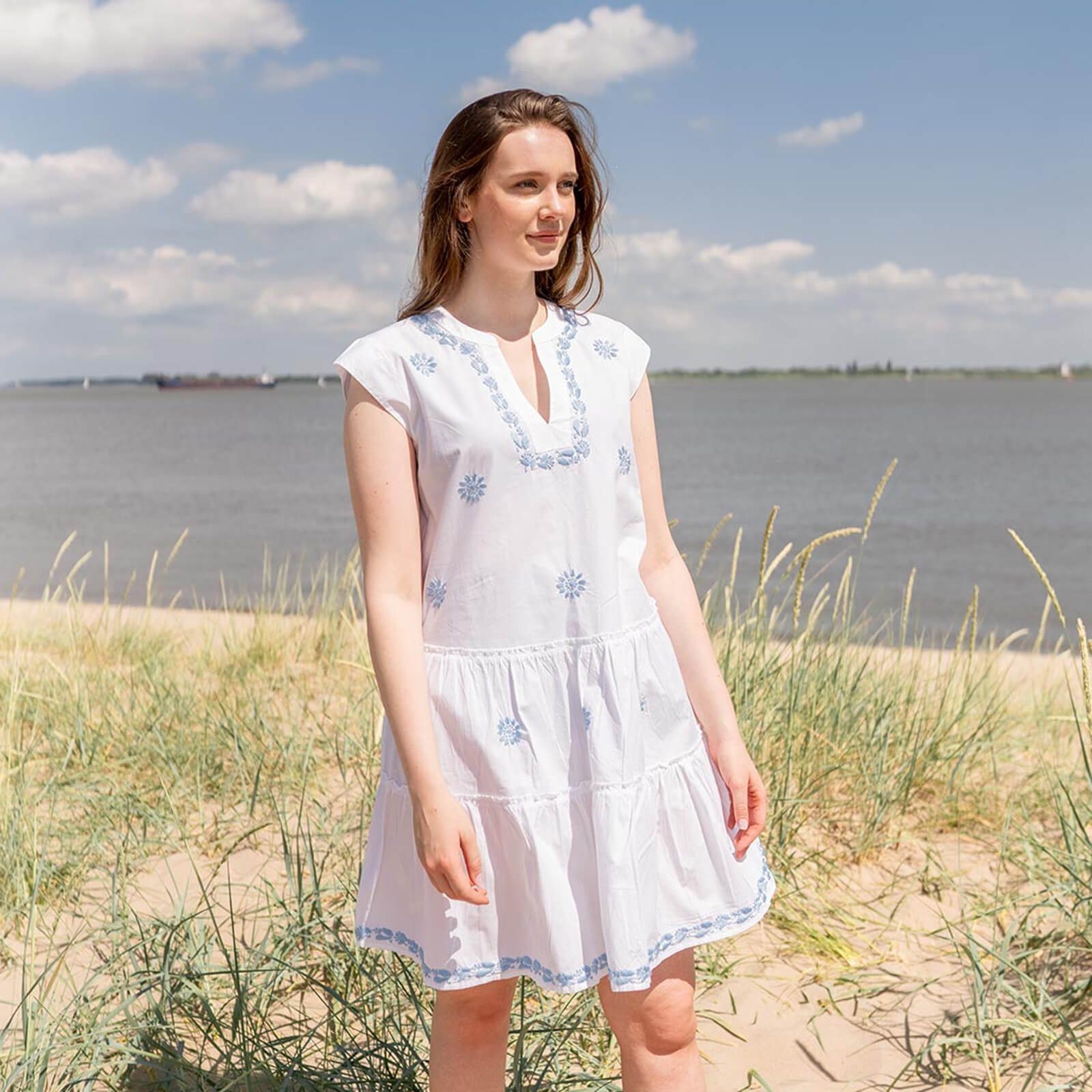baltic blue Strandkleid Damen Tunika 3/4-Arm Kleid Baumwolle - mit Bestickt Vivian aus