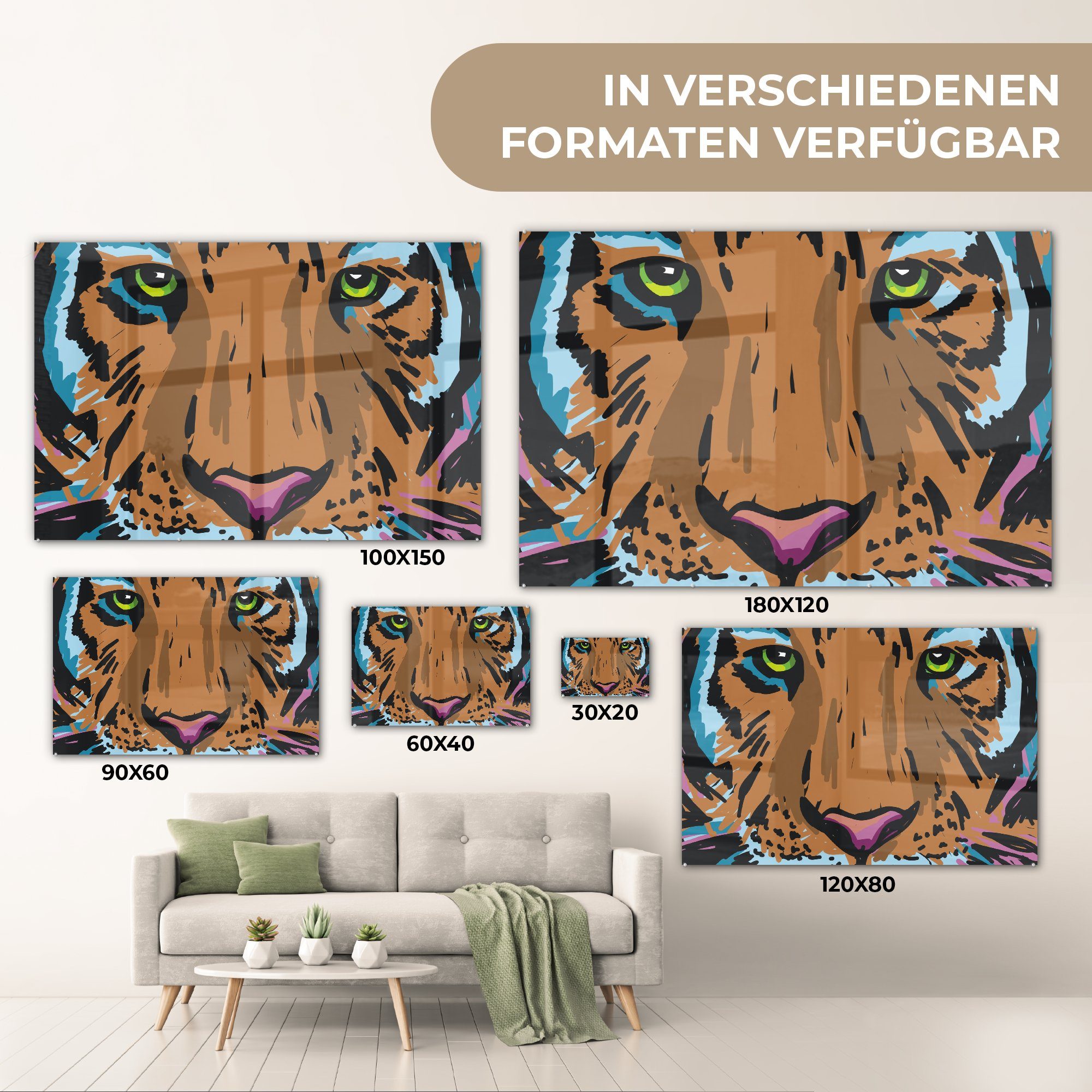 & Gemälde, Wohnzimmer Kopf MuchoWow Acrylglasbild Acrylglasbilder - St), Schlafzimmer (1 Tiger -