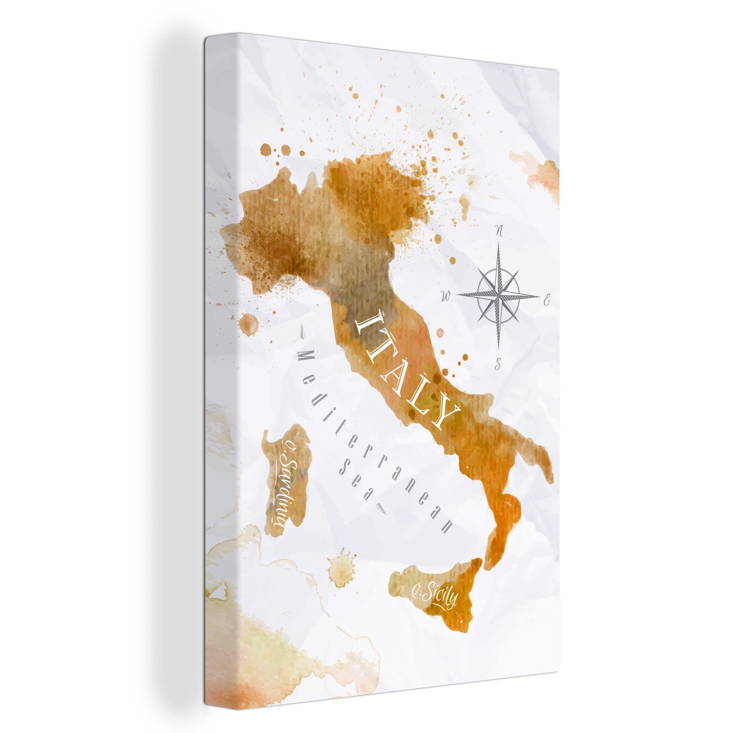 OneMillionCanvasses® Leinwandbild Weltkarte - Farbe - Italien, (1 St), Leinwandbild fertig bespannt inkl. Zackenaufhänger, Gemälde, 20x30 cm