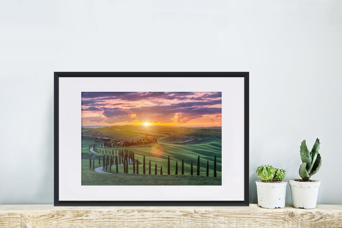 Rahmen, mit MuchoWow Bilderrahmen (1 Toskana, Schwarzem Kunstdruck, St), - Italien Poster Gerahmtes Sonnenuntergang - Poster,