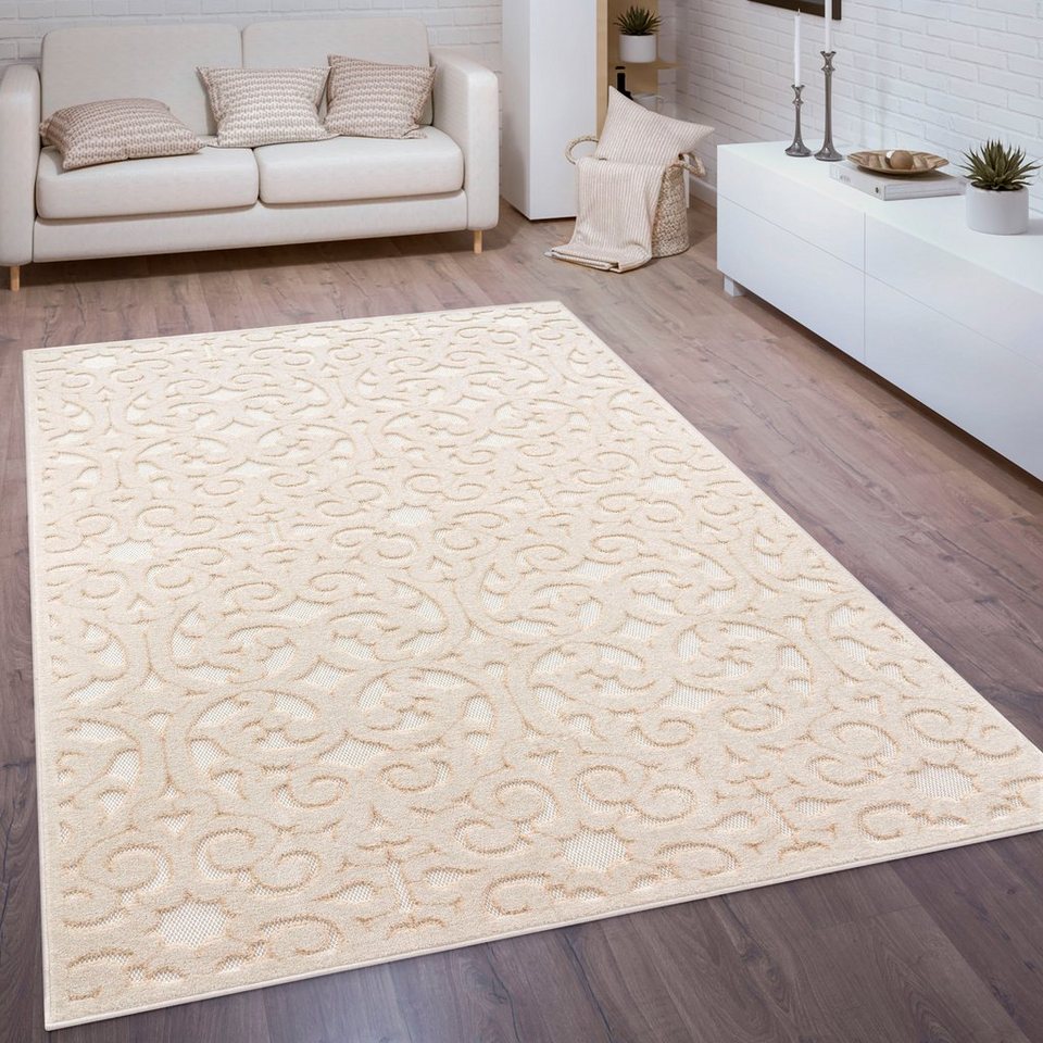 Teppich Cotton 234, Paco Home, rechteckig, Höhe: 10 mm, Uni-Farben, Hoch-Tief  Effekt, Ornamente, boho, Outdoor geeignet