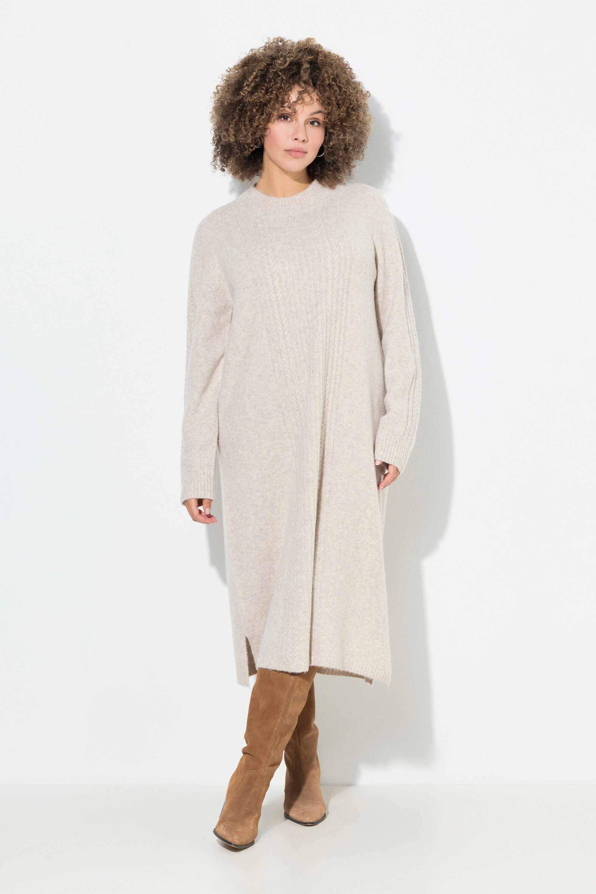 Jerseykleid Strickkleid Zopfmuster A-Linie Stehkragen Langarm