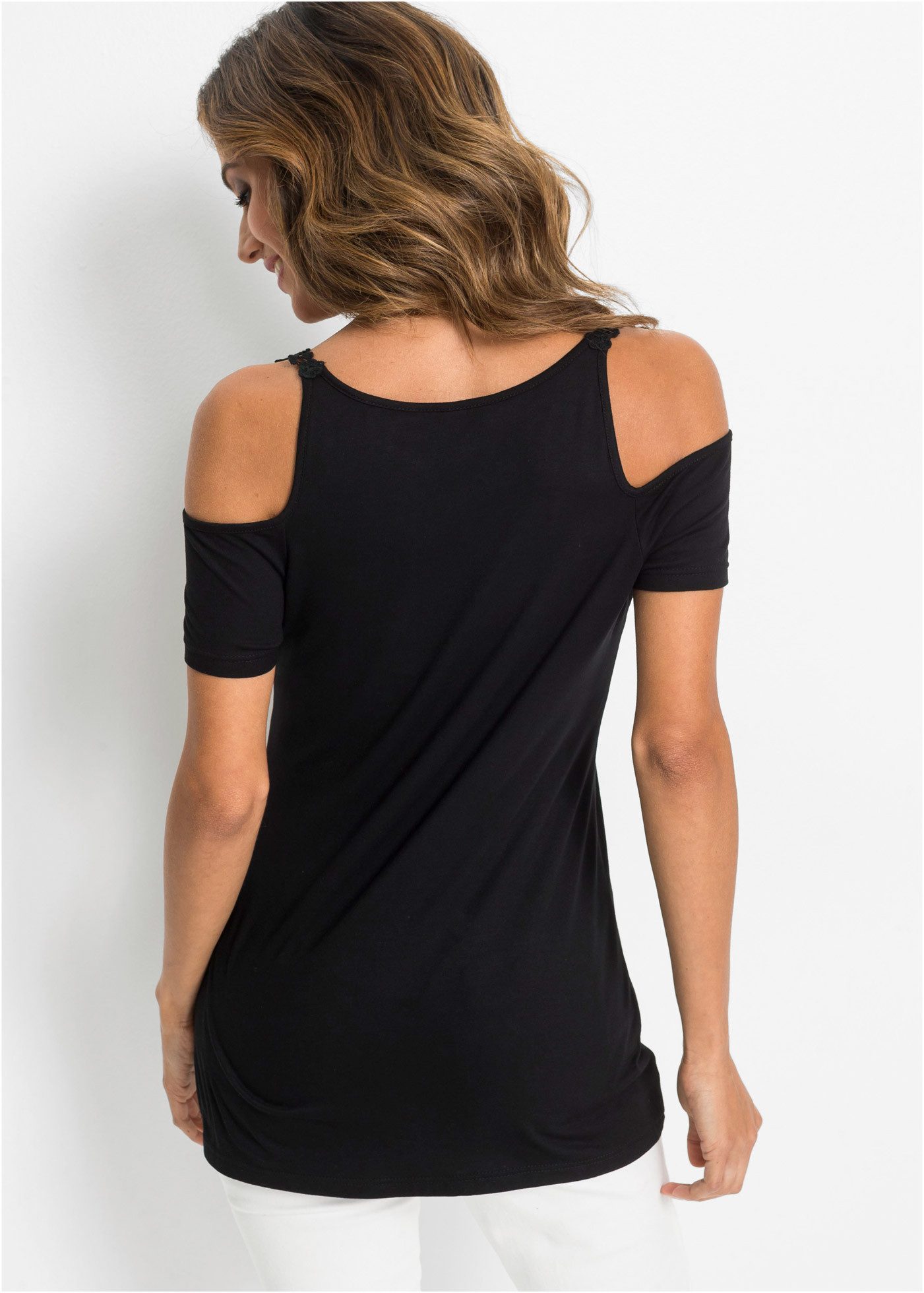 bonprix T-Shirt bequeme Passform, Kurzarm, Cut-Outs, toller Spitzenbesatz