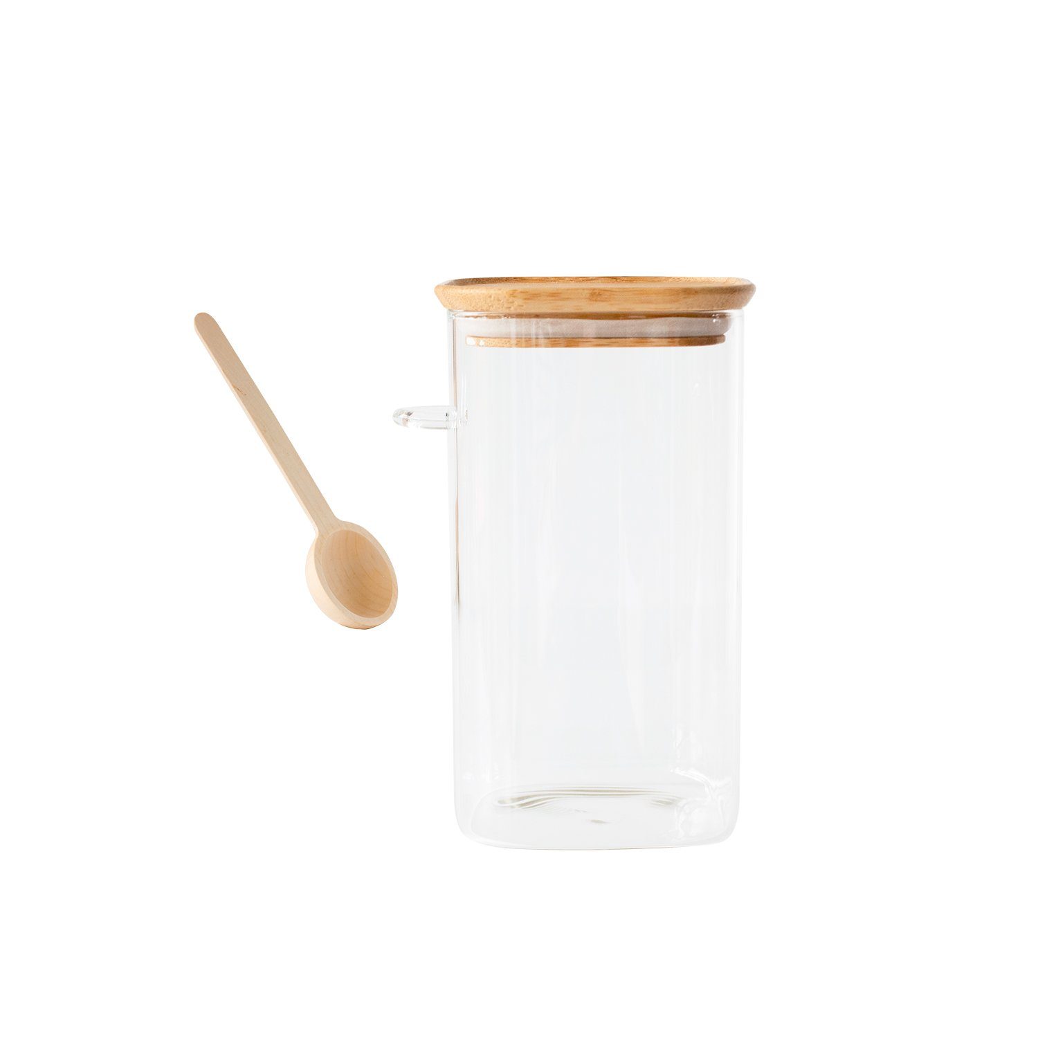 Pebbly Vorratsdose Pebbly Glasbehälter quadratisch mit Bambusdeckel + Löffel 1400 ml, Borosilikatglas, Bambus, Silikon