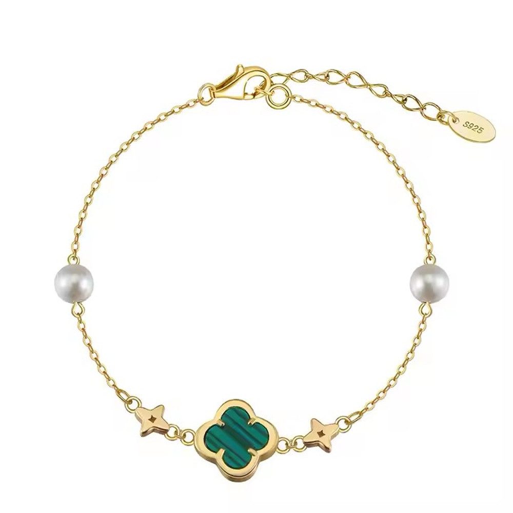 Runde Perlé Perlenarmband zartes Armband Kleeblatt grün, kleine Süßwasserperlen, Malachit, handgefertigtes Armband, 925er Silber, 14K Gold