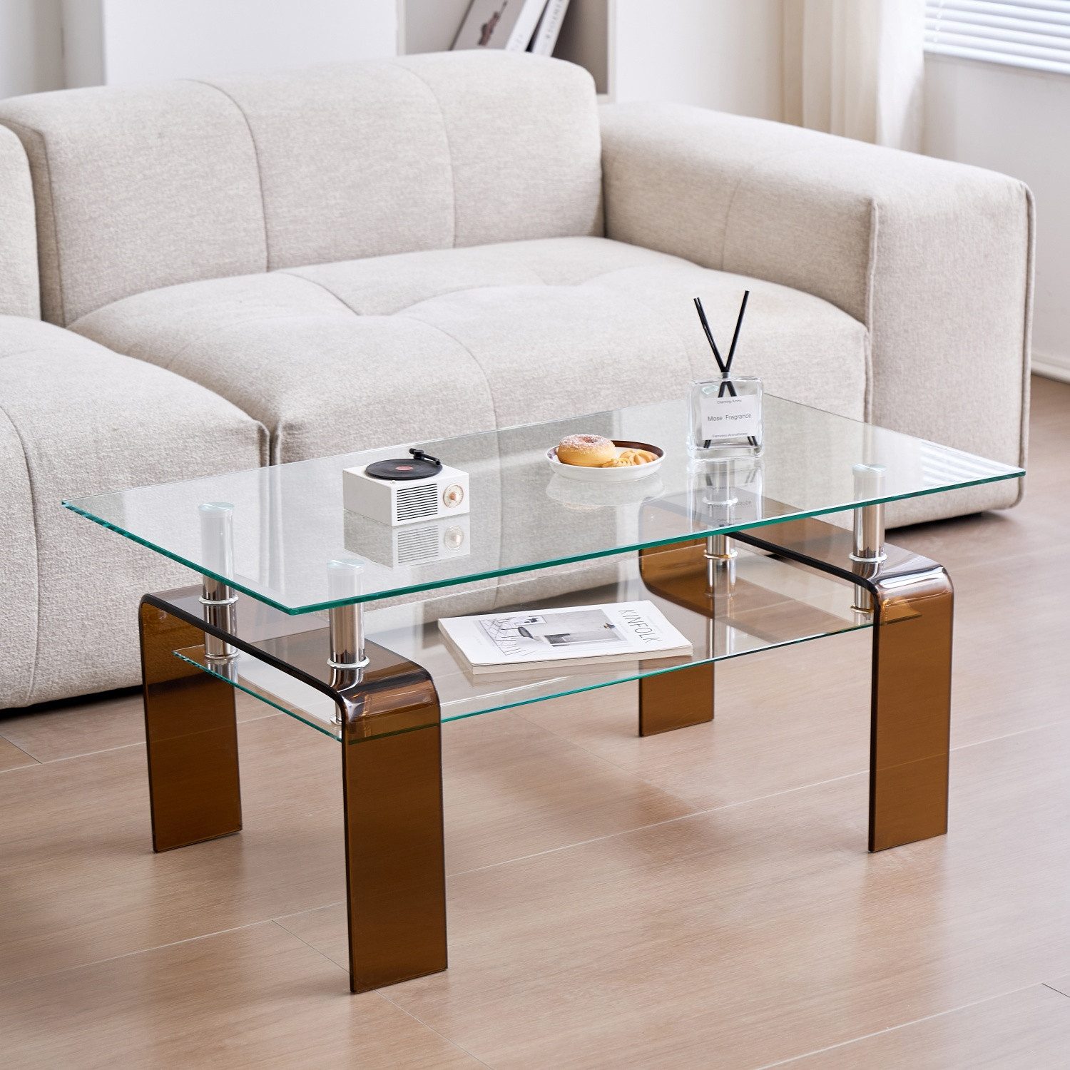 ANYSUN Couchtisch Beistelltisch,Moderner Couchtisch aus Glas, (Couchtisch aus klarem Sicherheitsglas), mit zwei Ebenen für das Wohnzimmer,stilvoller Beistelltisch
