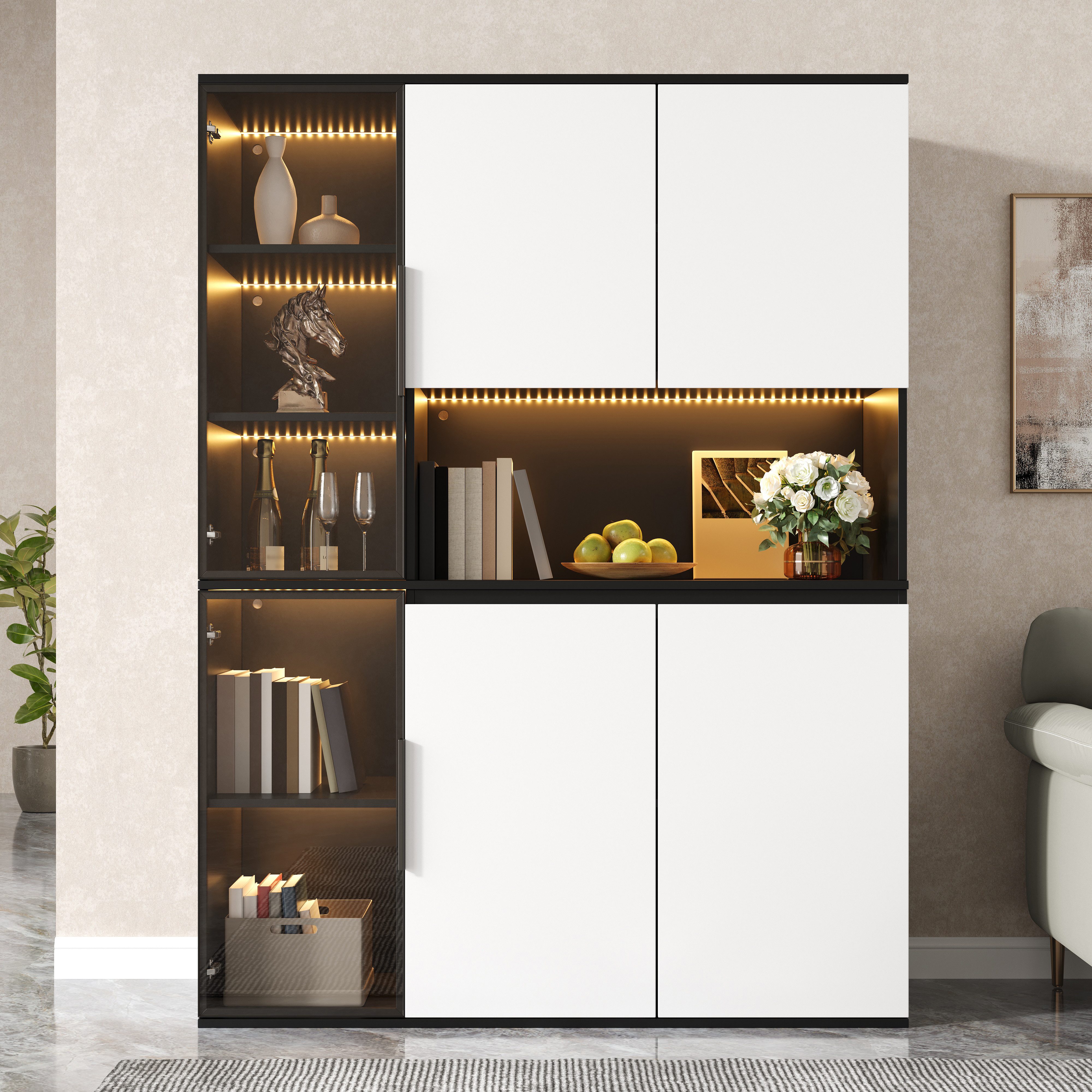Odikalo Hochschrank Vitrine Anrichte Sideboard mit LED Stauraum (Glaselemente, integrierte LED-Leuchten, MDF-Korpus, geräumiger Stauraum, Esszimmerschrank, Wohnzimmerschrank) 120 L x 40 B x 180H(cm)