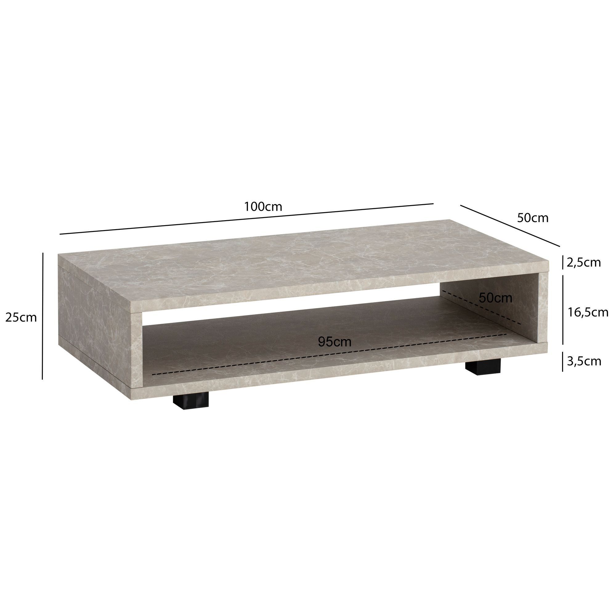 FINEBUY Couchtisch FB59782 100 cm Wohnzimmertisch Sofatisch Stauraum Groß Kaffeetisch (Wohnzimmertisch Stein Optik, 100x50x25 cm MDF), Kaffeetisch mit Stauraum, Sofatisch Sand Schlicht