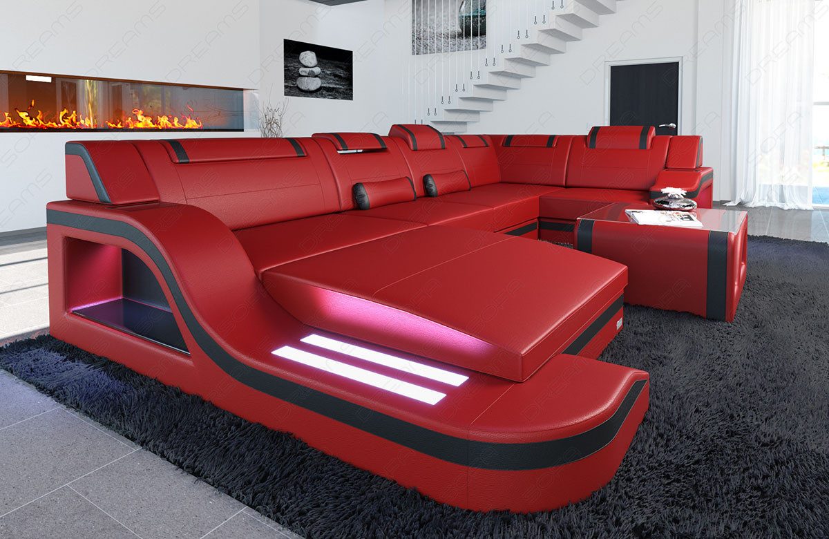 Sofa Dreams Wohnlandschaft Ledersofa Palermo U Form Mini, Designersofa Couch, mit LED Licht und USB Anschluss