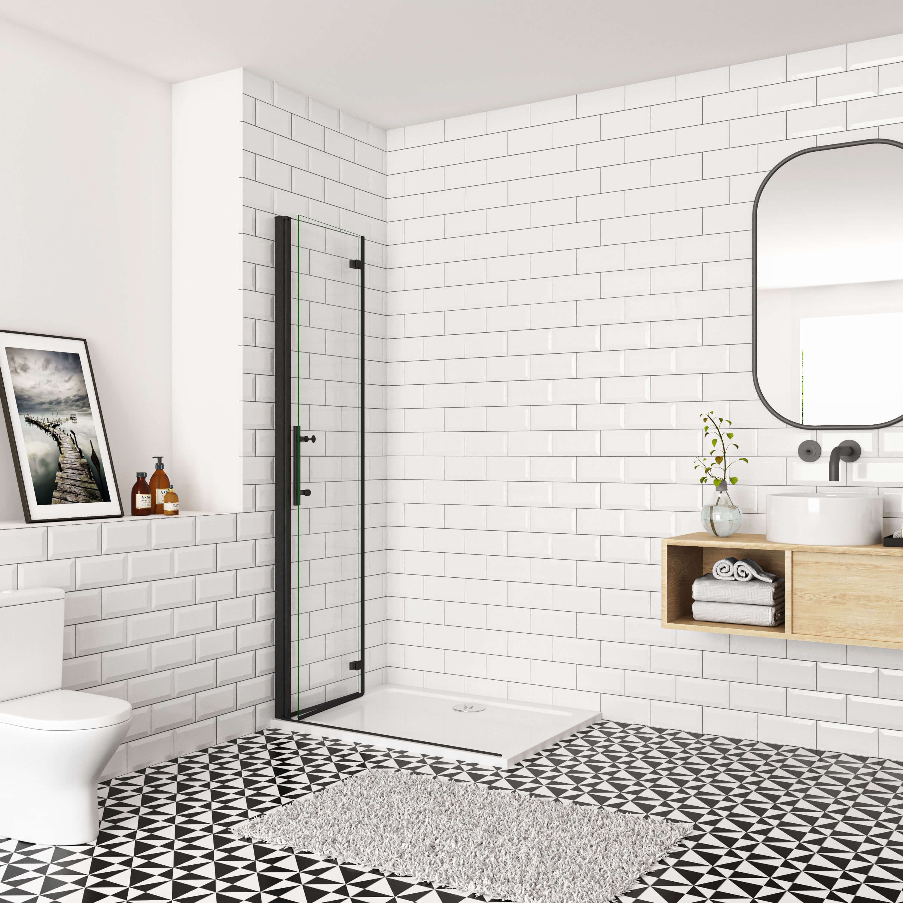 Aica Sanitär Walk-in-Dusche 195cm Duschwand Duschabtrennung Falttür Scharniertür Duschtür Schwarz, Einscheibensicherheitsglas, mit Antikalk-Versiegelung – Bild 4 von 5