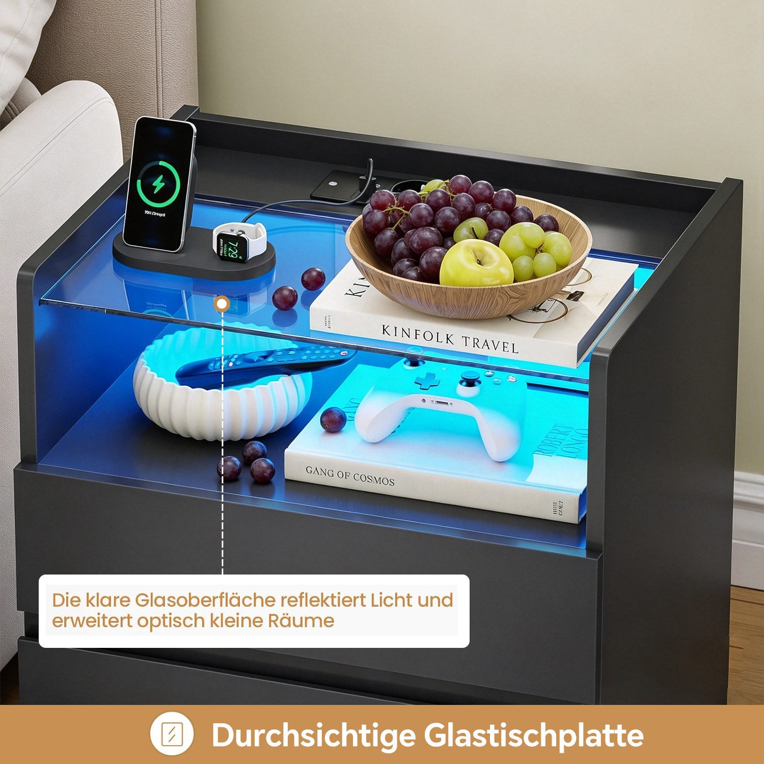 MSMASK Nachttisch mit LED-Beleuchtung und Steckdosen, 3 Schubladen, 45x35x61cm (1-St), Nachtschrank mit Sichtbarer Glastischplatte – Bild 5 von 5