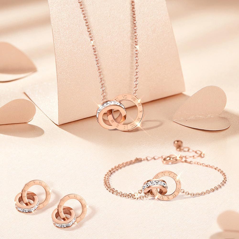 RWEUOQ Schmuckset Rosegold Halskette Armband Ohrstecker günstig online kaufen