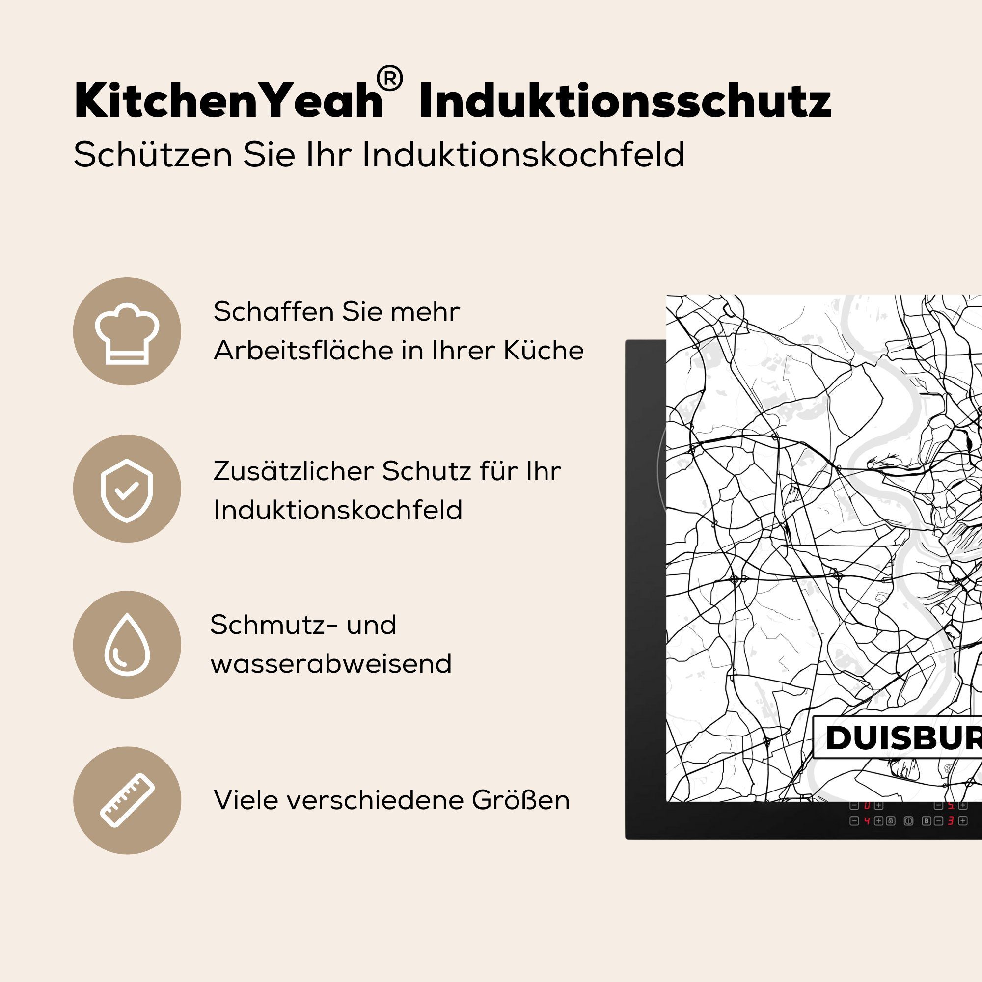 Herdblende-/Abdeckplatte Karte Stadtplan, Vinyl, MuchoWow - küche 78x78 - für cm, Duisburg Ceranfeldabdeckung, tlg), (1 Arbeitsplatte