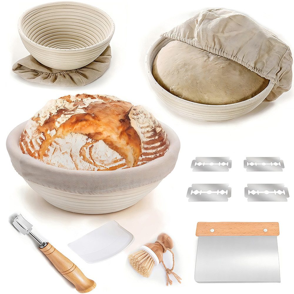 PFCTART Gärkorb Gärkörbchen Set 3-tlg. Brotkorb Rundformen aus Rattan & Antihaft, (Set 10-tlg), Gärkorb Set Für Selbstgemachtes Brot - Inkl. Rezeptheft & Spatschutz