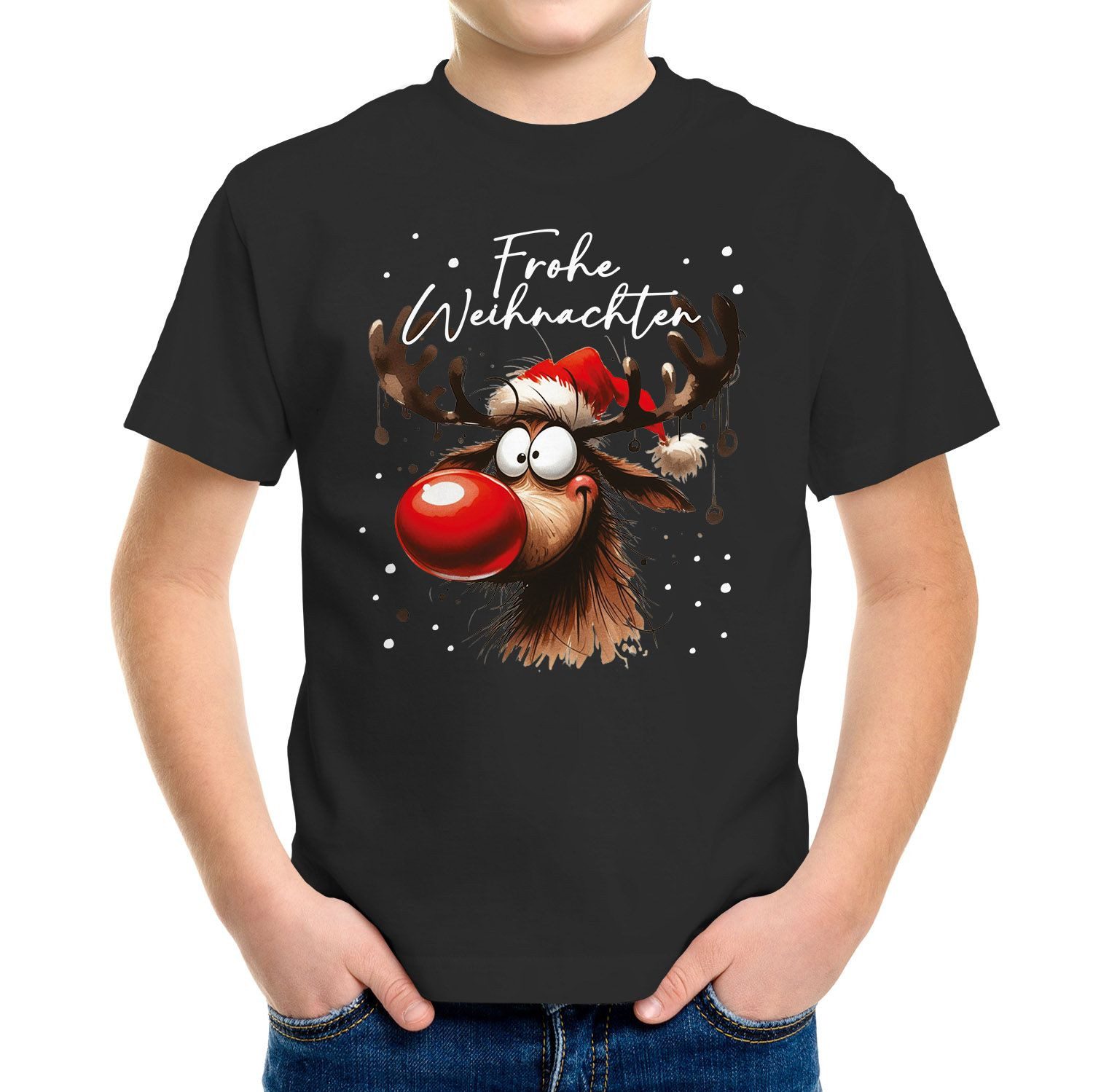Print-Shirt Kinder T-Shirt Frohe Weihnachten Rentier Rudolf Weihnachtsshirt