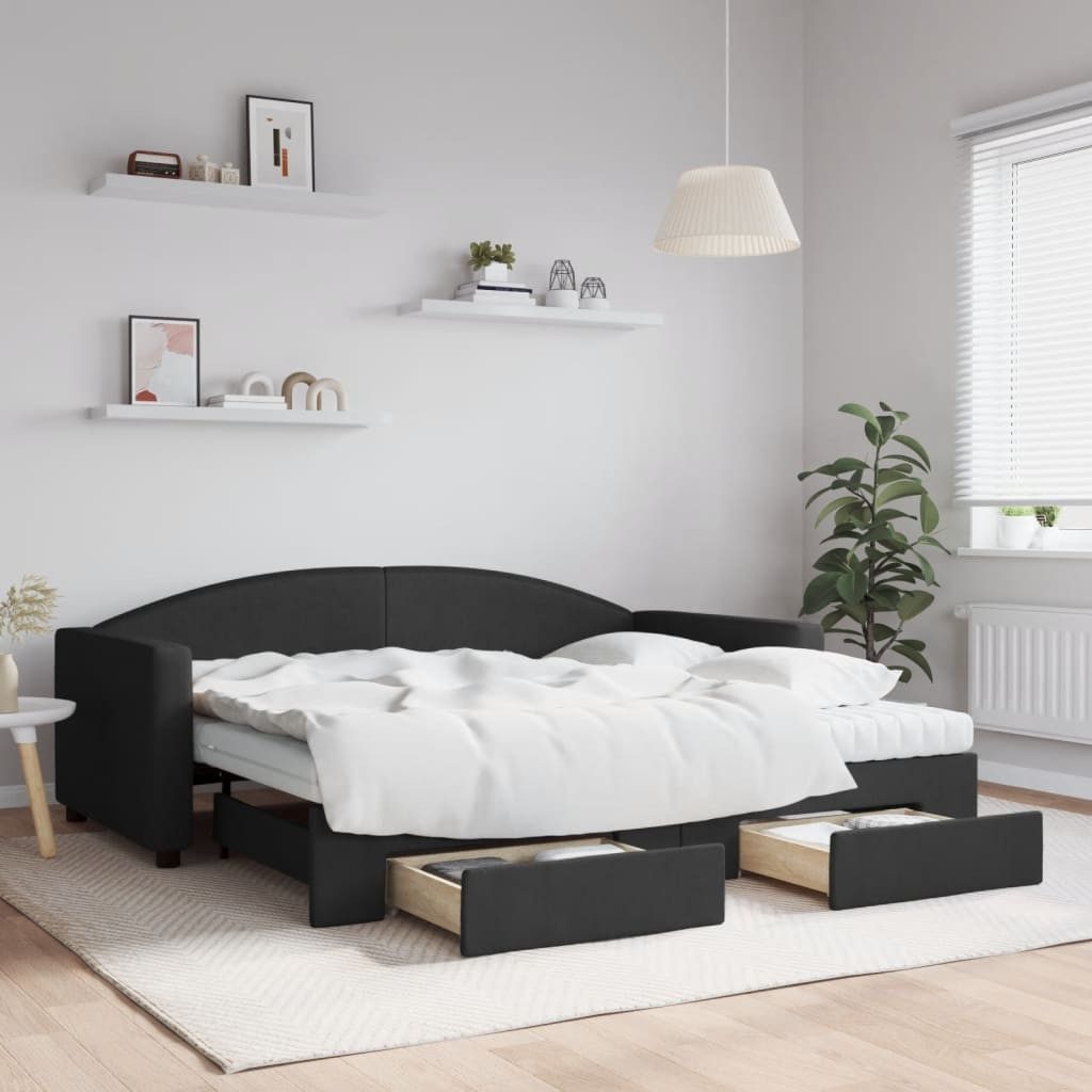 vidaXL Daybed, Tagesbett Ausziehbar mit Schubladen Schwarz 90x190 cm Stoff