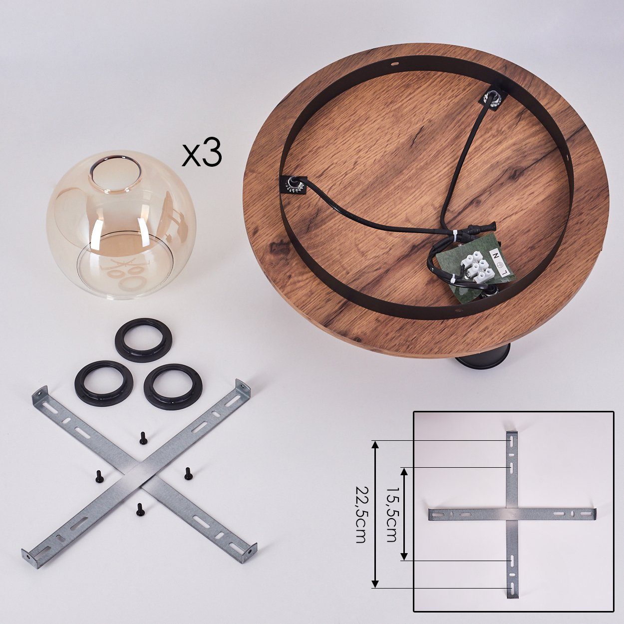 hofstein Deckenleuchte Deckenlampe aus Metall/MDF/Glas in Schwarz/Braun in Holzoptik, ohne Leuchtmittel, mit Schirmen aus Glas (15 cm), 3 x E27, ohne Leuchtmitt – Bild 5 von 5