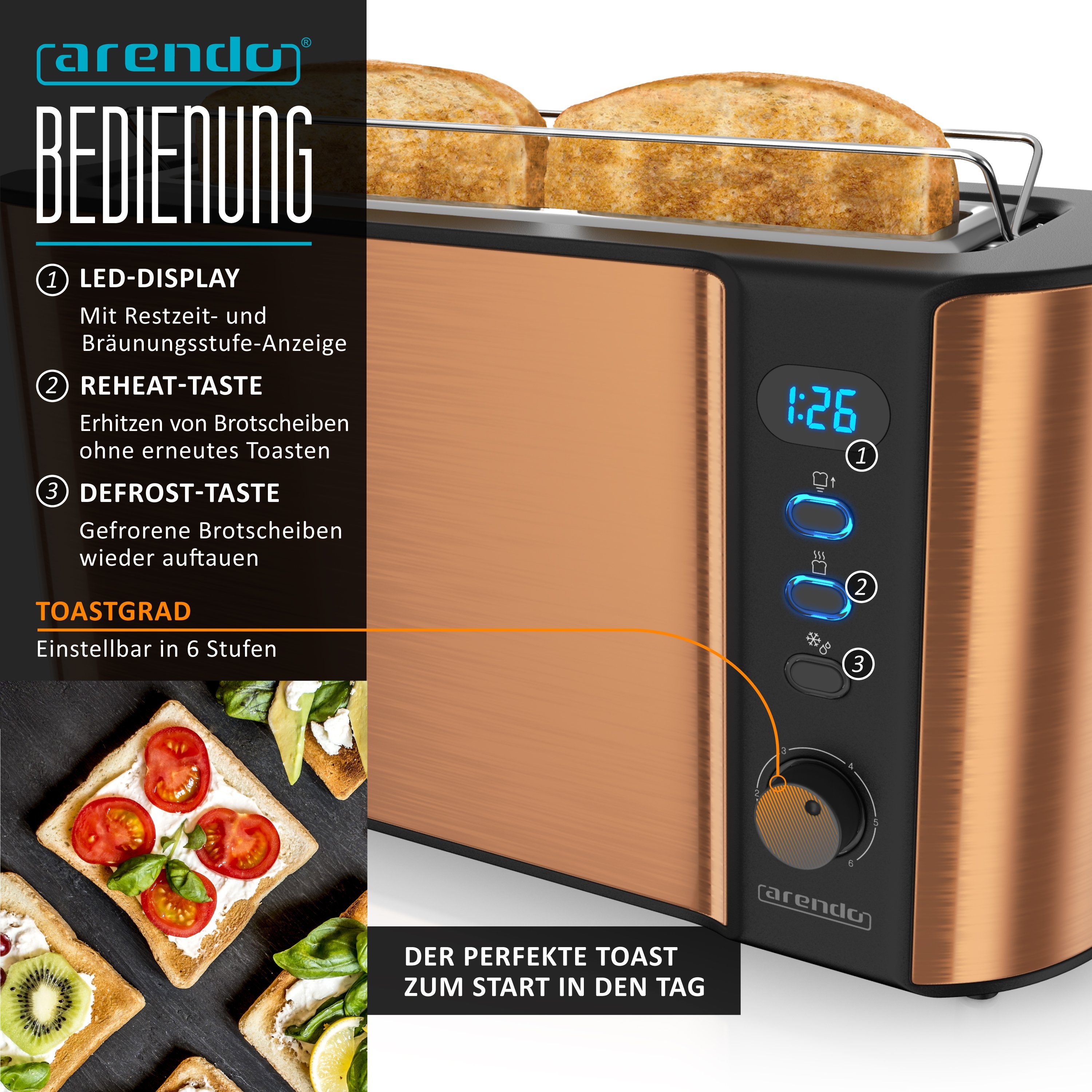 Arendo Frühstücks-Set Wasserkocher 1,7l / 2-Scheiben Toaster / Eierkocher, Edelstahl, Kupfer (3-tlg), BPA-frei, GS-geprüfte Sicherheit, perfekt fürs Familienfrü – Bild 3 von 5