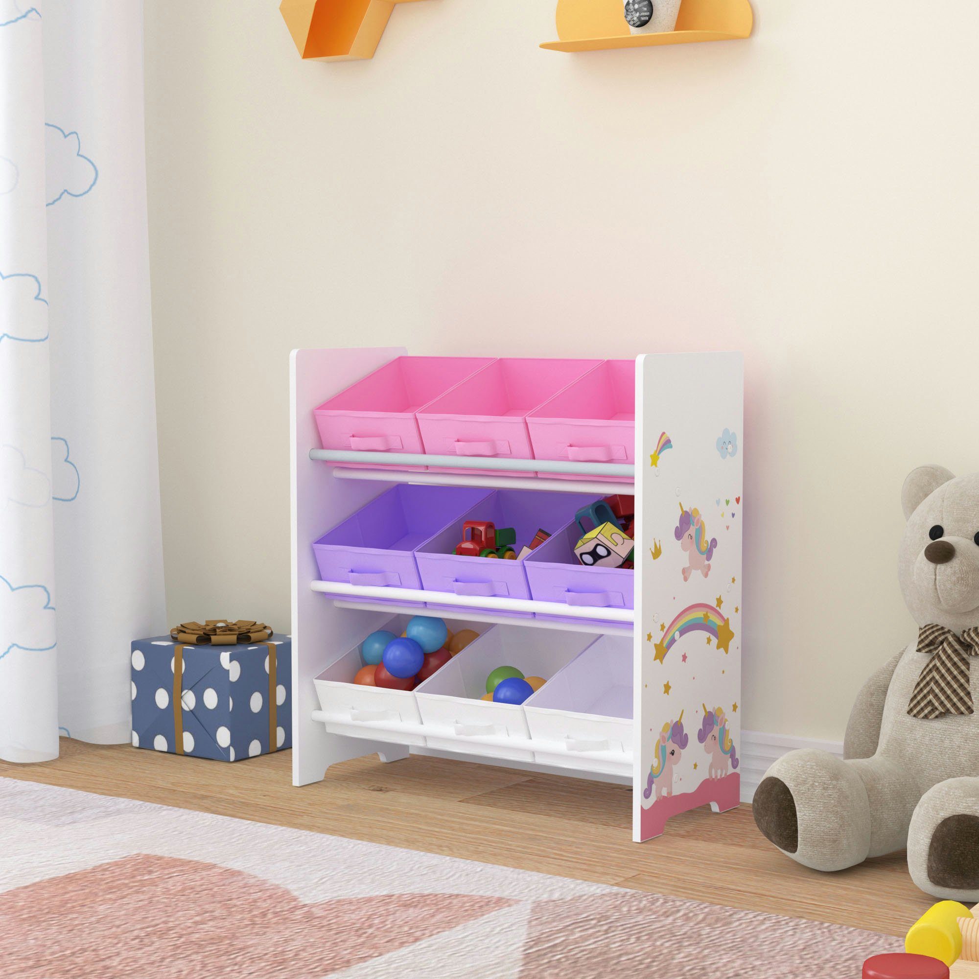 en.casa Kinderregal, »Boiro« Spielzeugregal mit 9 Boxen Rosa / Lila