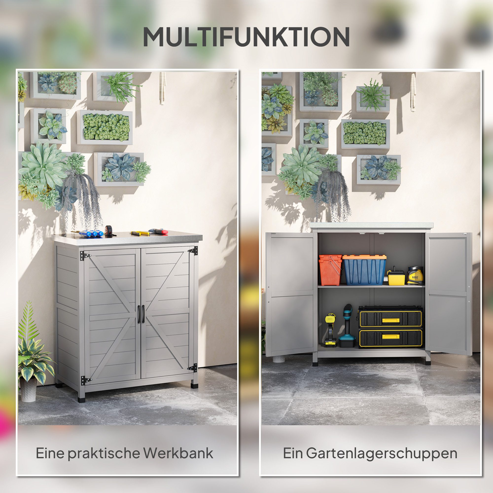 Outsunny Garten-Geräteschrank Outdoor wetterfest Aufbewahrungsschrank mit Arbeitsplatte Doppeltür, BxT: 79x43 cm, (Gartenschrank, 2 St., Pflanztisch mit Untersc – Bild 4 von 5