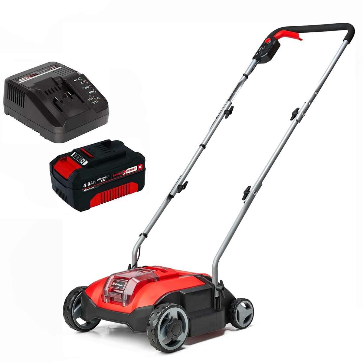 Einhell Akkurasenmäher 18V Akku-Vertikutierer-Lüfter GC-SC 18/28 Akku 4.0 Ah, Ladegerät