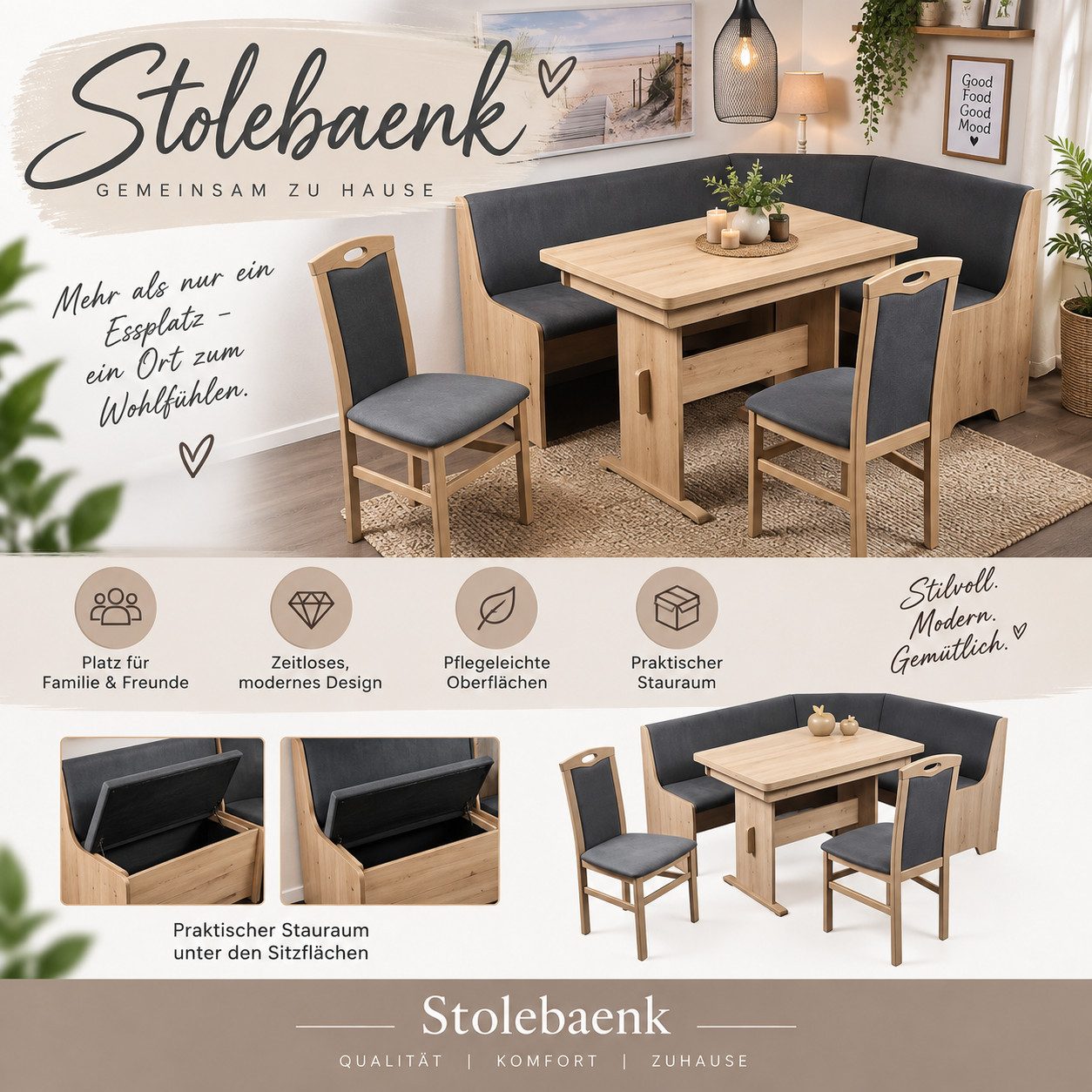Stolebaenk Eckbankgruppe Bremen MANITI, (Eckbank Set, 1xEckbank, 1xTisch, 2x Stuhl), Beidseitig aufbaubar