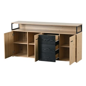 WISHDOR Sideboard Kommode Küchenschrank, Mehrzweckschrank (mit drei Türen und drei Schubladen, Aufbewahrungsschrank Highboard mit Metallgriffe), 150*35*75.9cm