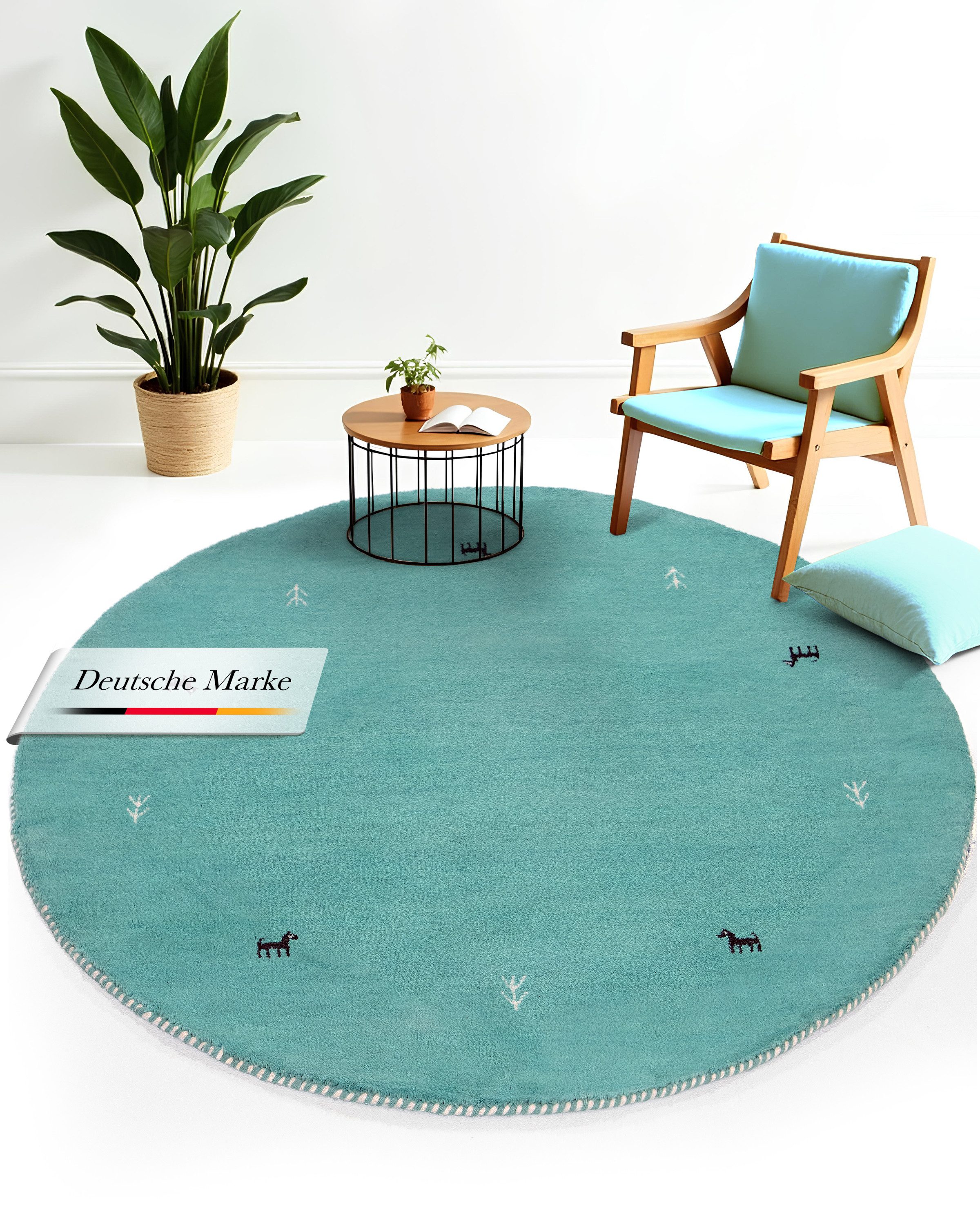 carpetfine Wollteppich Gabbeh Uni, rund, Höhe: 15 mm, reine Wolle handgewebt, Gabbeh Tiermotiv warmes Raumklima viele Größen