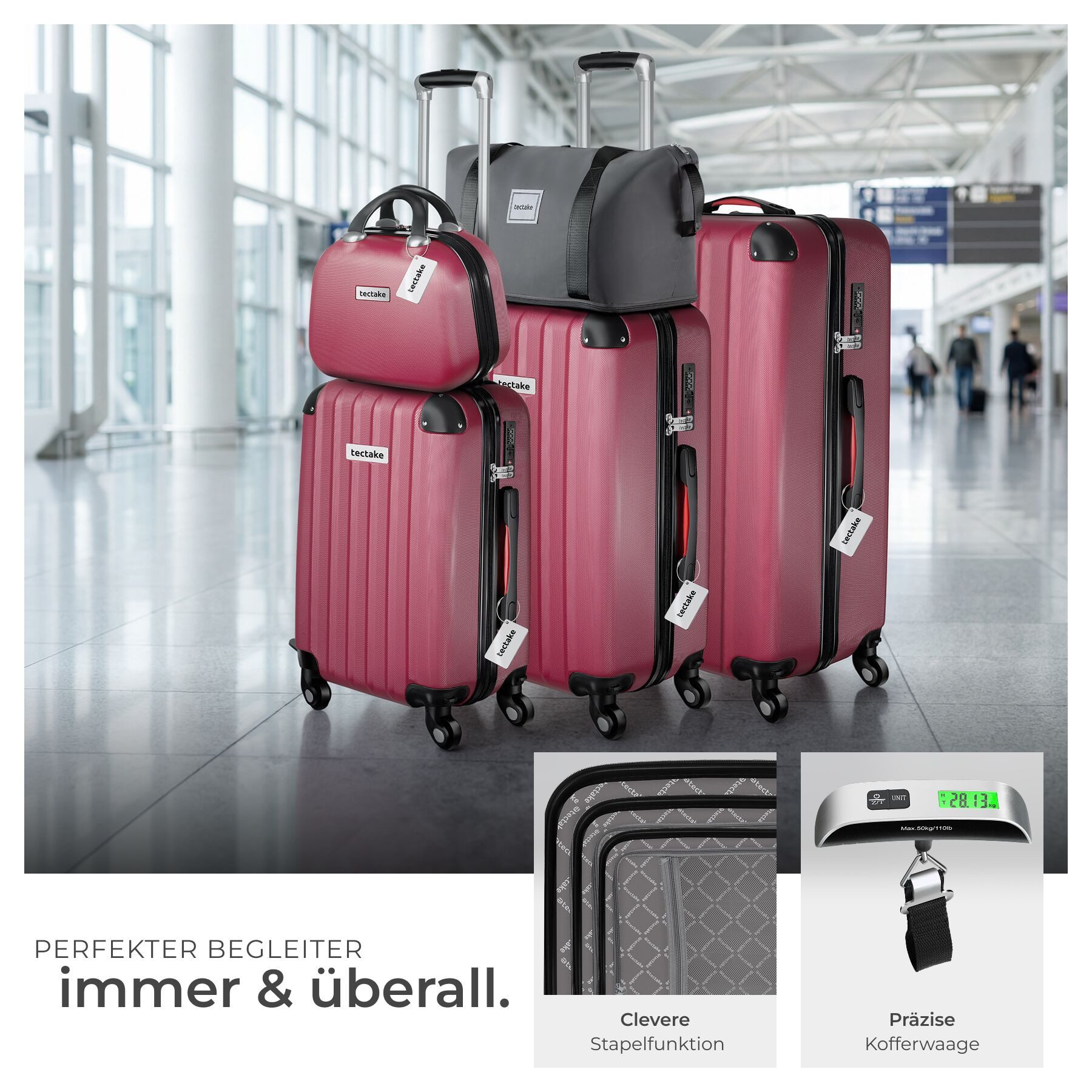 tectake Trolley Hartschalenkoffer-Set 19-teilig aus ABS-Kunststoff, Kofferwaage, 4 Rollen, TSA-Schloss, 360° drehbare, abnehmbare Rollen, mit Packwürfelset