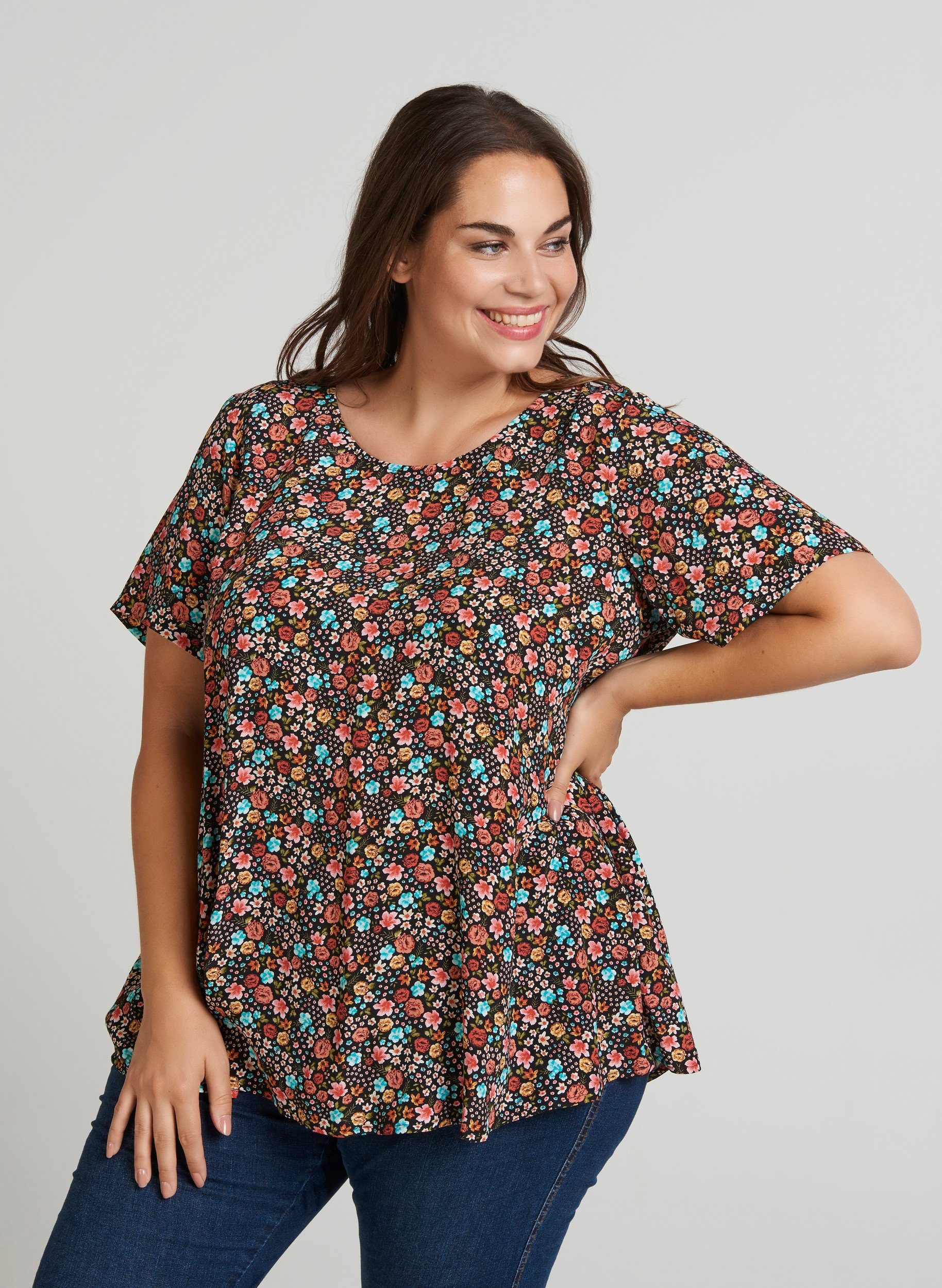Zizzi Kurzarmbluse Damen Große Größen Bluse Blumenmuster Kurzarm Rundhals Shirt online kaufen | OTTO