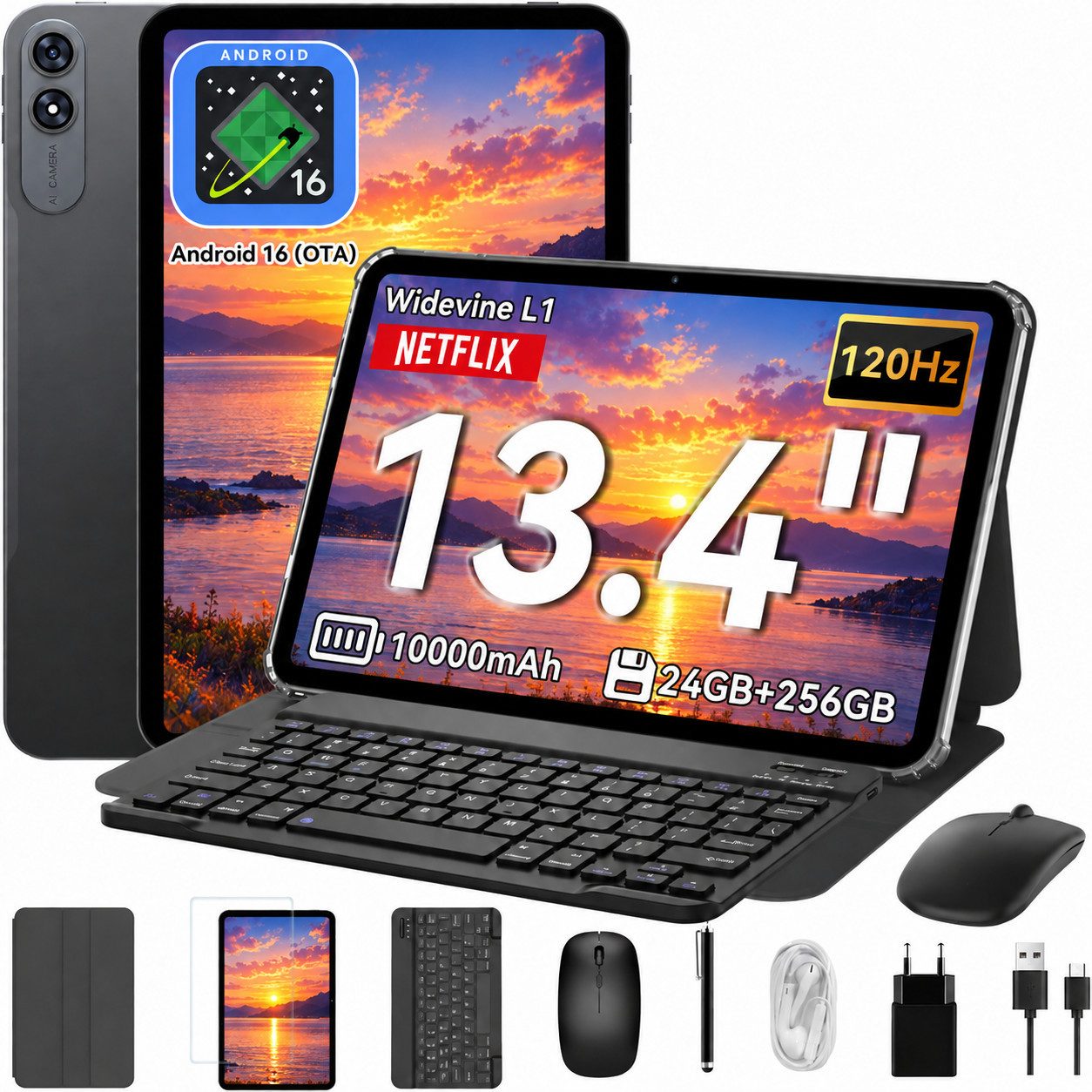 VekfulPC 13,4" Android 16 Tablet mit Tastatur 24+256 GB mit Stylus und Maus Tablet (13,4", 256 GB, Android16, 120Hz, 10000 mAh, FHD, mit Zubehör/Kabel-Headset, 5GWiFi)