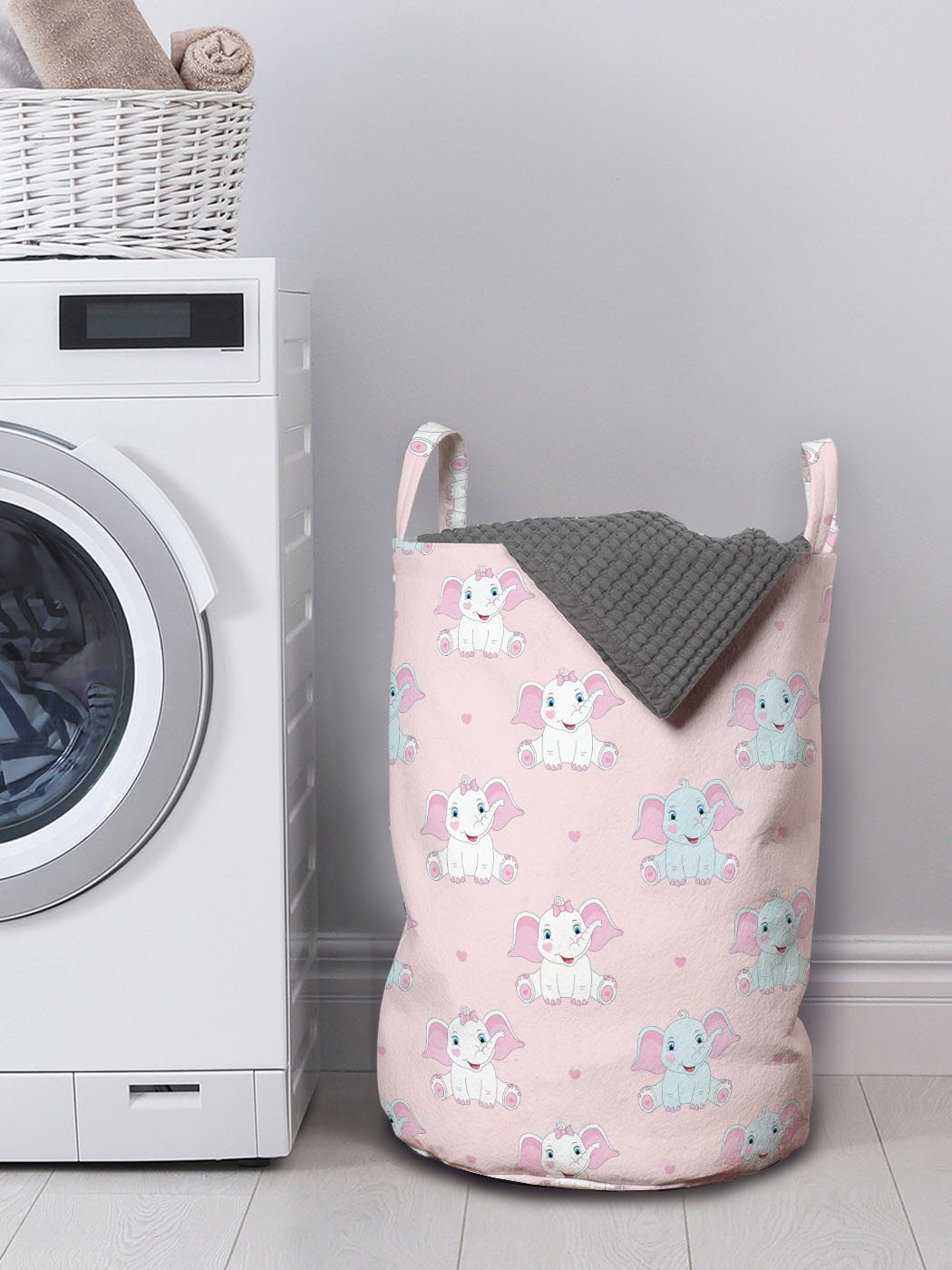 Kordelzugverschluss Wäschesäckchen Pastell und Waschsalons, Wäschekorb für mit Abakuhaus Baby-Elefanten Herzen Griffen