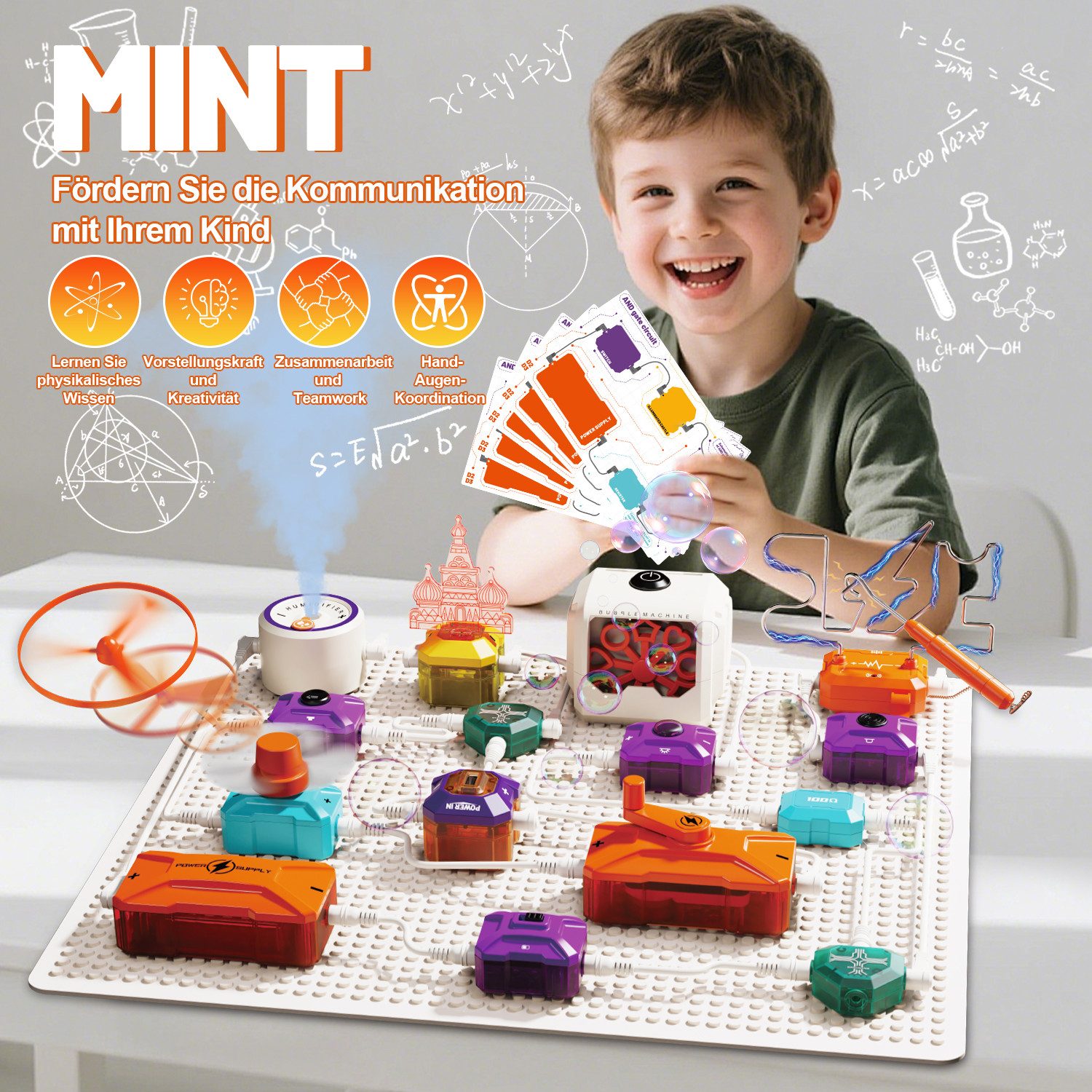 Esun Experimentierkasten Elektronik Baukasten, Experimente für Kinder, 50 STEM Physikspielzeug, (Set, 50-tlg., Komplettset), Blasenmacher, Ventilator, Fliegender Hubschrauber