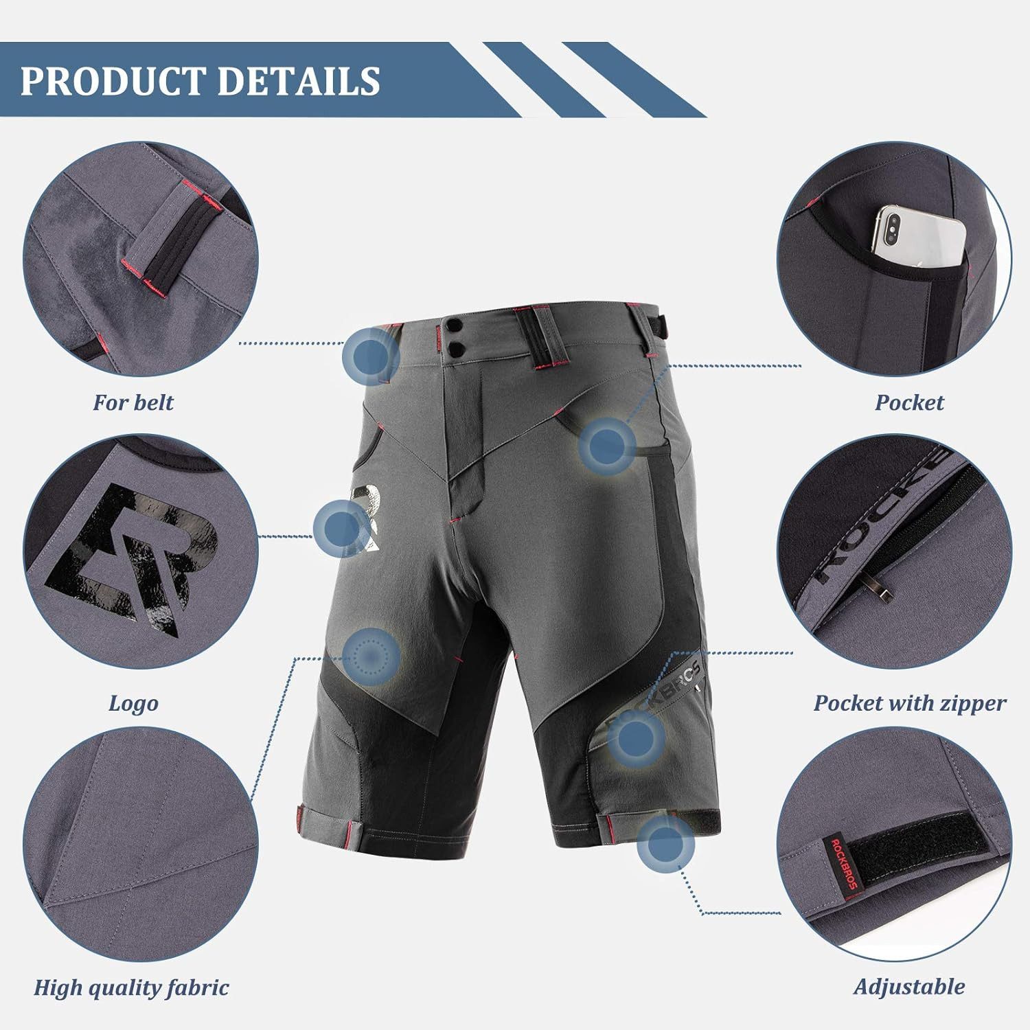 ROCKBROS Radlerhose Kurz Radlerhose Herren Fahrradhose mit Sitzpolster M-4XL (1-tlg) 4D Atmungsaktiv Schnelltrocknend Radhose MTB Hose Bike Shorts