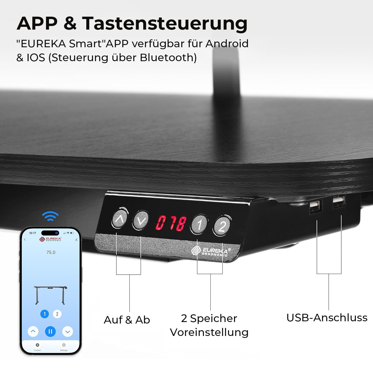 EE EUREKA ERGONOMIC Gamingtisch Höhenverstellbarer Elektrisch, 190×110 cm, Ergonomischer Computertisch (1-St., Computertisch mit Kopfhörerhaken, Getränkehalter und glatten Mauspad), mit Tastaturablage und 3 LED Monitorständern U-förmiger Schwarz Großen