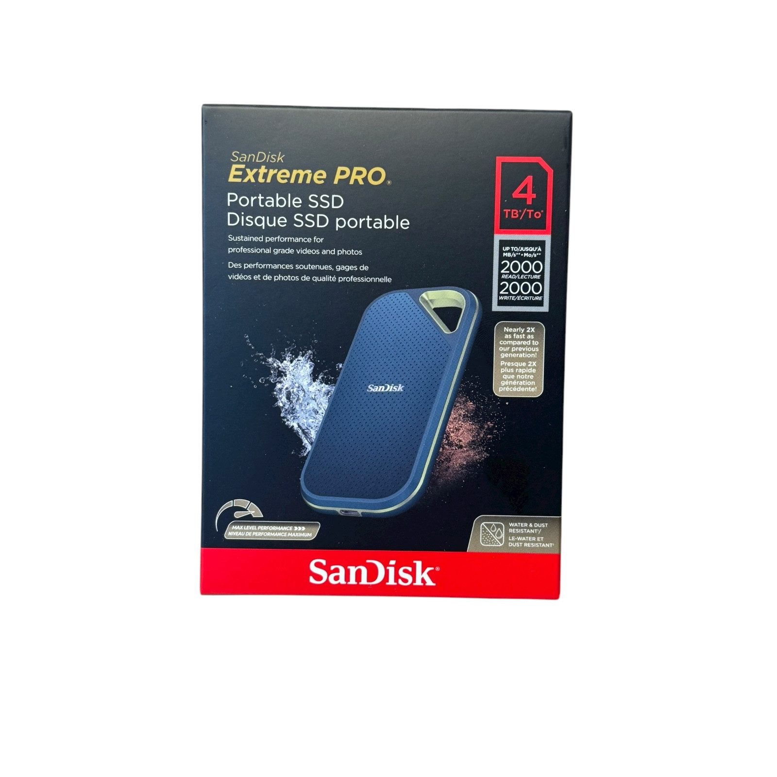 Sandisk SanDisk Extreme PRO Portable SSD 4 TB 2,5 Zoll, 2.000 MB/s externe SSD (4 TB) Flach, rechteckig, sehr handlich – etwa in der Größe einer kleinen Powerbank" 2000 MB/S Lesegeschwindigkeit, bis zu 2000 MB/s MB/S Schreibgeschwindigkeit, Übertragungsgeschwindigkeit bis zu 2000 MB/s, IP65‑Schutzklasse