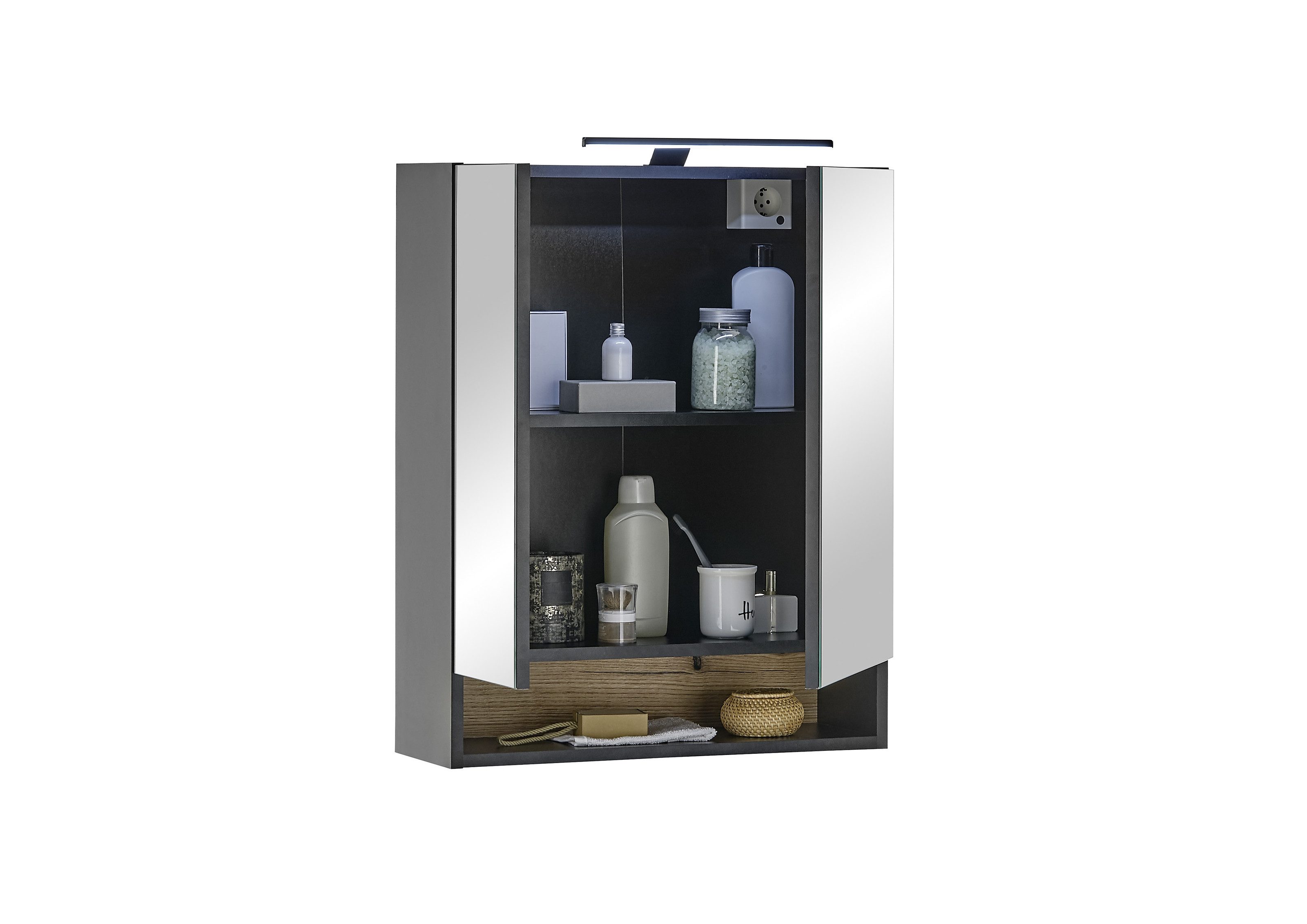 BEGA BBK Badezimmerspiegelschrank LED, Steckdose, schwarz matt / evoke Eiche Dekor - 60x75x22cm (BxHxT)