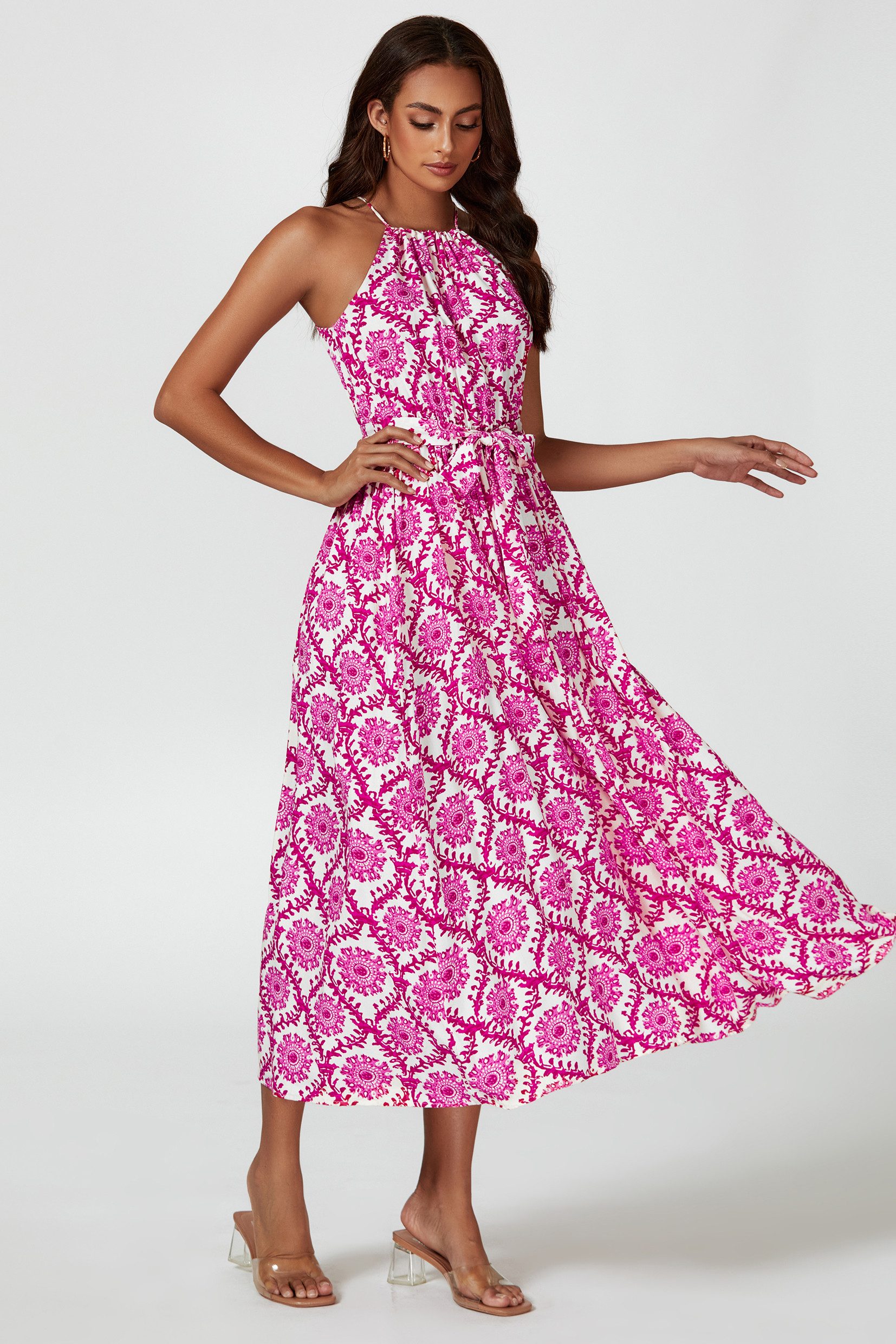 FS Collection Maxikleid Damen Maxikleid Sommerkleid Trägerkleid Ärmellos (XS (EU:36 / UK:8) · S (EU:38 / UK:10) · M (EU:40 / UK:12) · L (EU:42 / UK:14) · XL (EU:44 / UK:16), 5 Farben : Weiß-Pink, Pink, Grün, Marineblau, Offwhite-Grün) Bindegürtel, floraler Print, fließender Fall, Trägerdesign