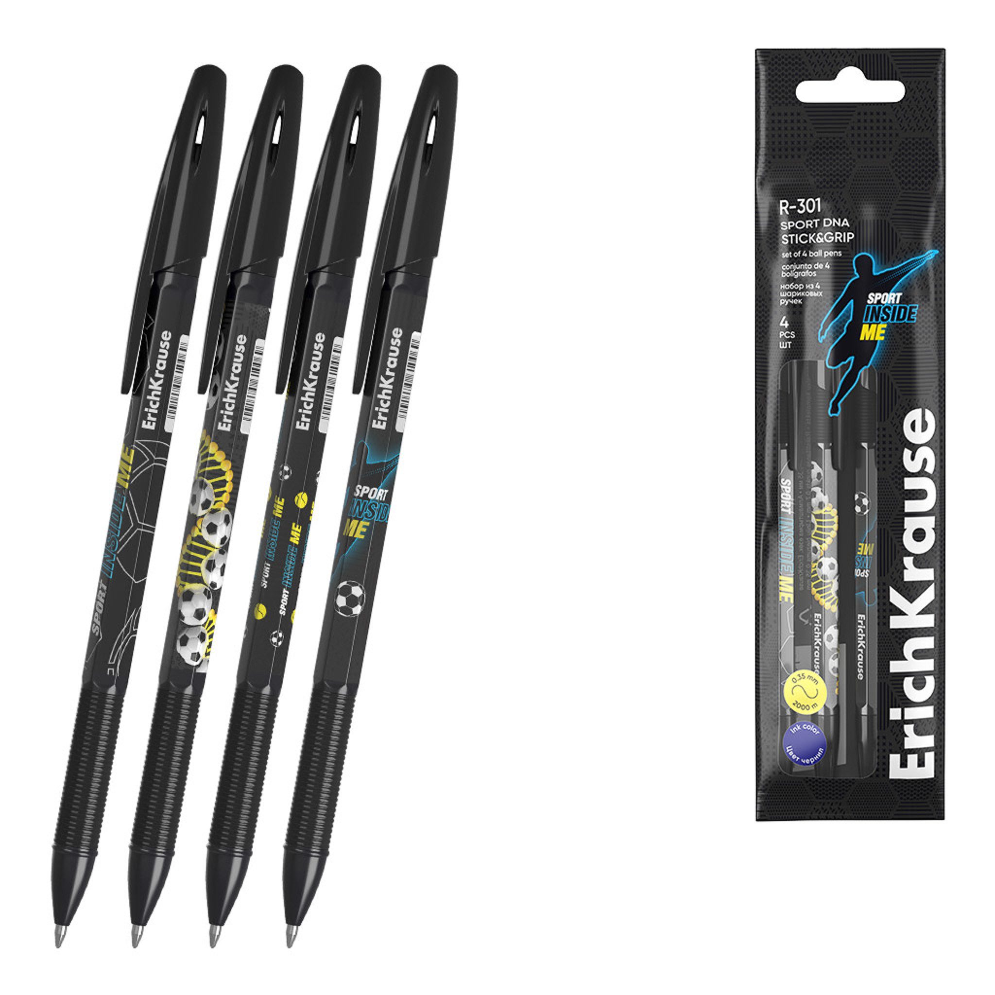 Erich Krause Kugelschreiber, Kugelschreiber R-301 Fußball Motiv 0,7mm 4er Set Blau