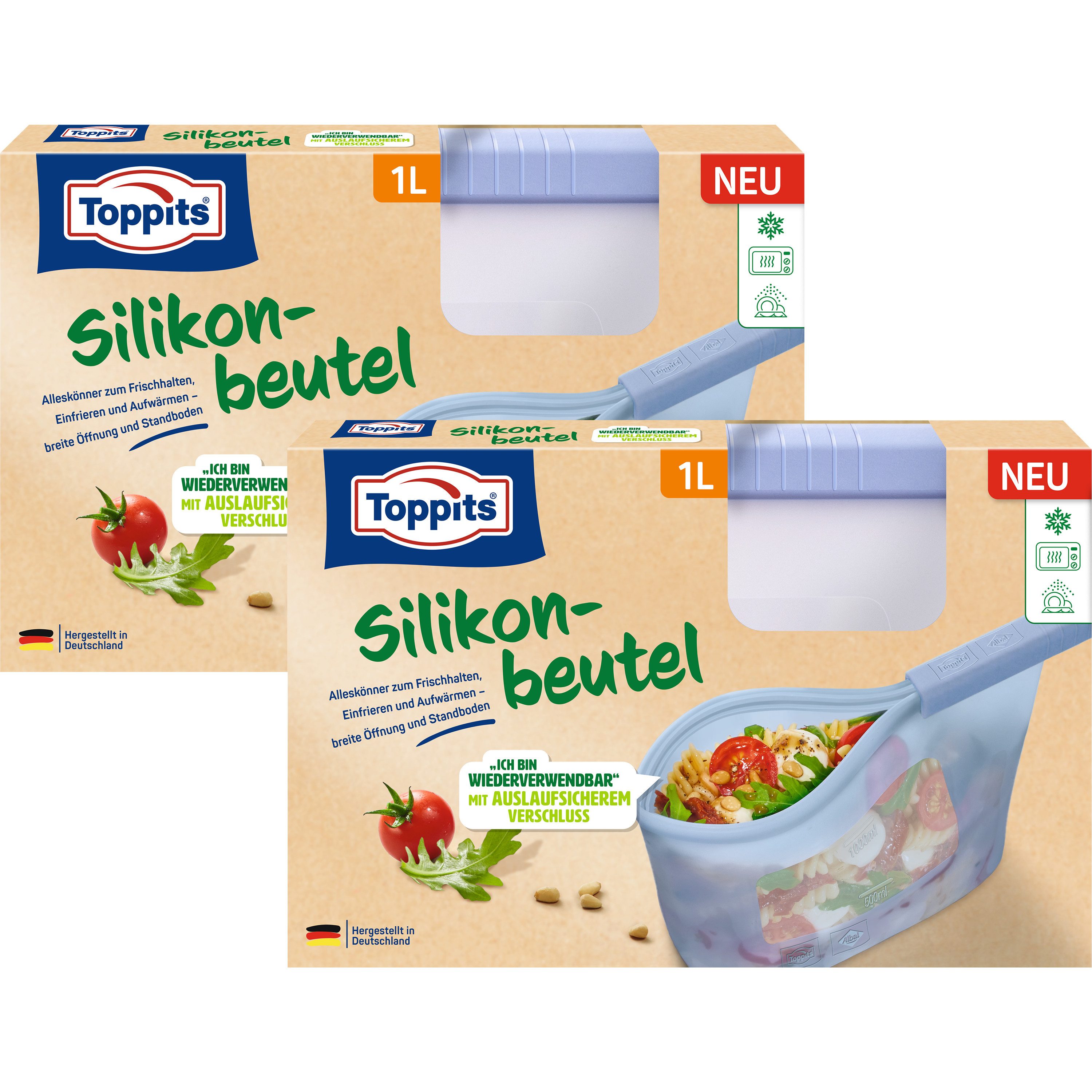 Toppits Gefrierbeutel 2 x 1L Silikonbeutel wiederverwendbar langlebig auslaufsicher, 2 Stück