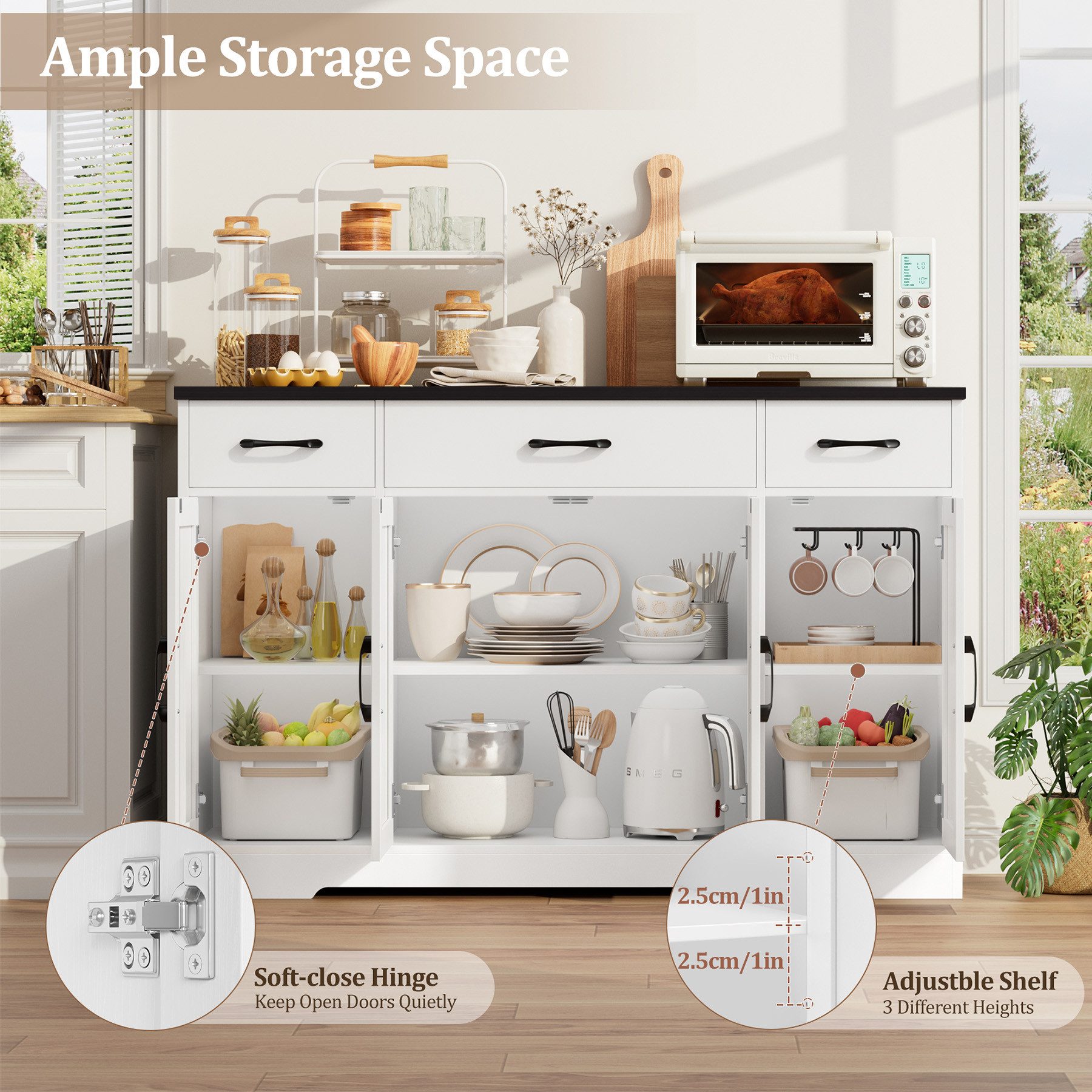 HOMECHO Sideboard, Küchenschrank 3 Schubladen 4 Türen, Verstellbaren Regalen